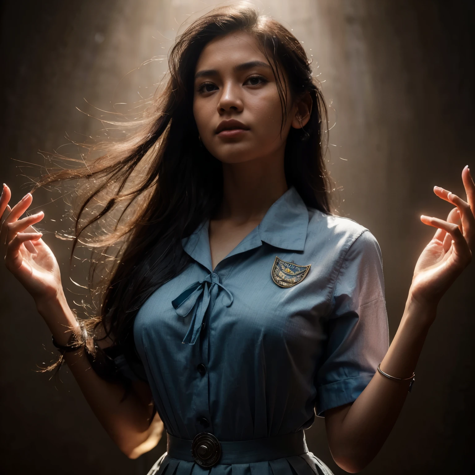 hyper ultra realistic photography, dramatic light, dynamic model pose, full body of beautiful sundanese Indonesian girl, 18 years old, detail face, moist skin, long black hair braid hairstyle, raise her hands, wearing indonesian white hem high school uniform, with OSIS badge on left pocket, hem button openened, show cleavage, big breast, nipple shows transparently, wear short blue grey skirt, environtment on dramatic light tungsten, HDR10, photo by analog camera Nikon D850 f/16, high detailed, --style raw --v 6.0