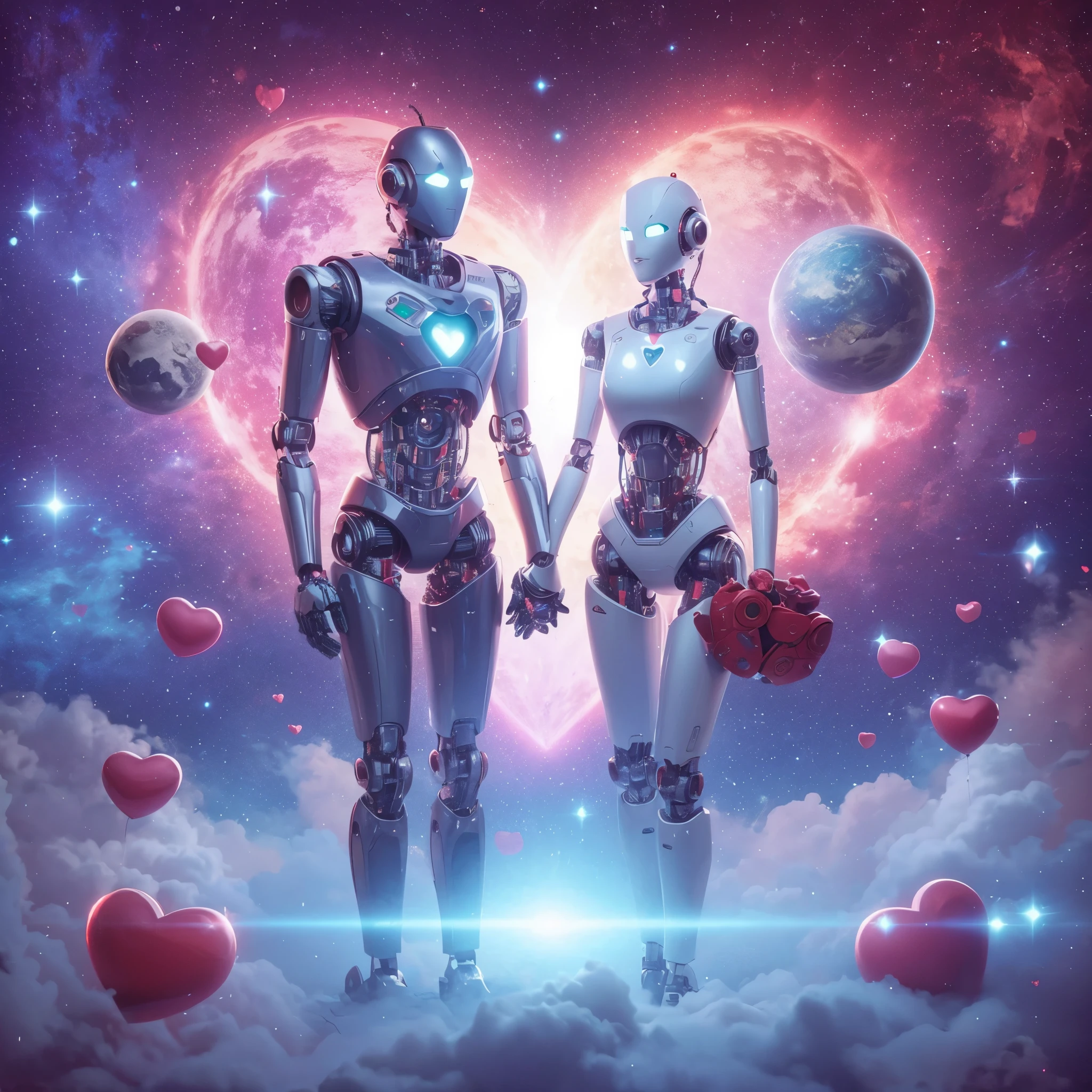 A realistis pair of robots,holding hands,with valentine themes and a space background ,with hearts in the background.