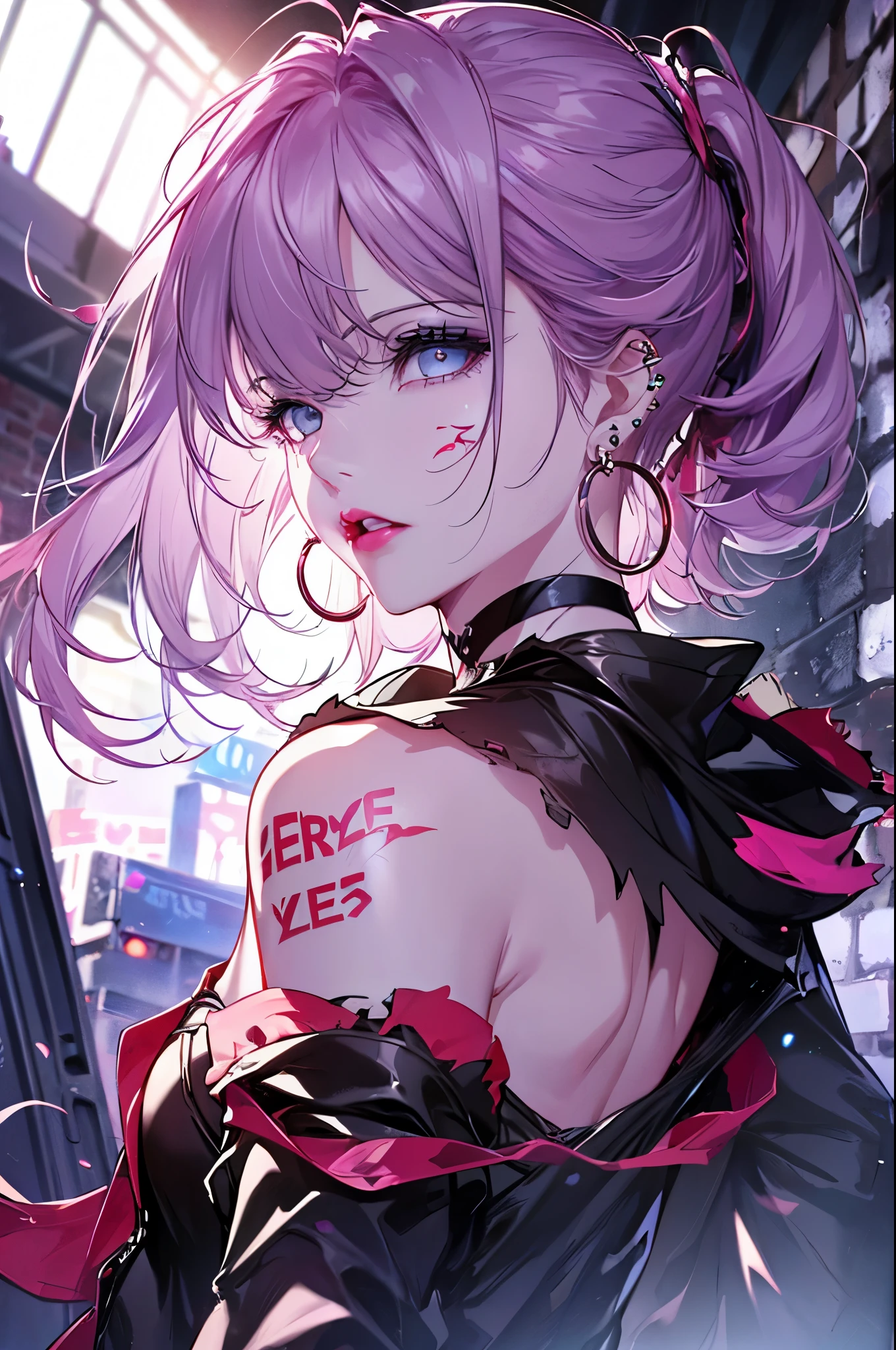 hair above one eye, red eyes, clear eyes, choker, Neon Shirt, torn legwear, open jacket, towards the wall, brick wall, graffiti, shineing grafiti, shineing tattoos, shine, neon light, Black light,anime style, movieポートレート写真, 1 female, 22 years ago, Full body Esbian,Blue eyes background, big and full breasts, anger, (scarlet colored hair), long hair, purple eyes, wearing a short black dress, (natural skin texture vivid details, surreal, (realistic detailed eyes, natural skin texture, realistic facial details), soft and dramatic lighting, Depth of written boundary, Bokeh, vivid details, surreal, 35mm movie, hazy blur, movie,lipstick, ear piercing, eye shadow, hoop earrings, Red-pink lips, 多色のred eyes, purple theme,Wear an iridescent aura,beautiful eyes,stand in front of the red gate,bold pose、upward glance,upper ponytail,Hanging bangs、shoot from below、peeping、Face straight down、Angle seen from the feet,boots,(((Shooting from various angles)),Peeking in from above