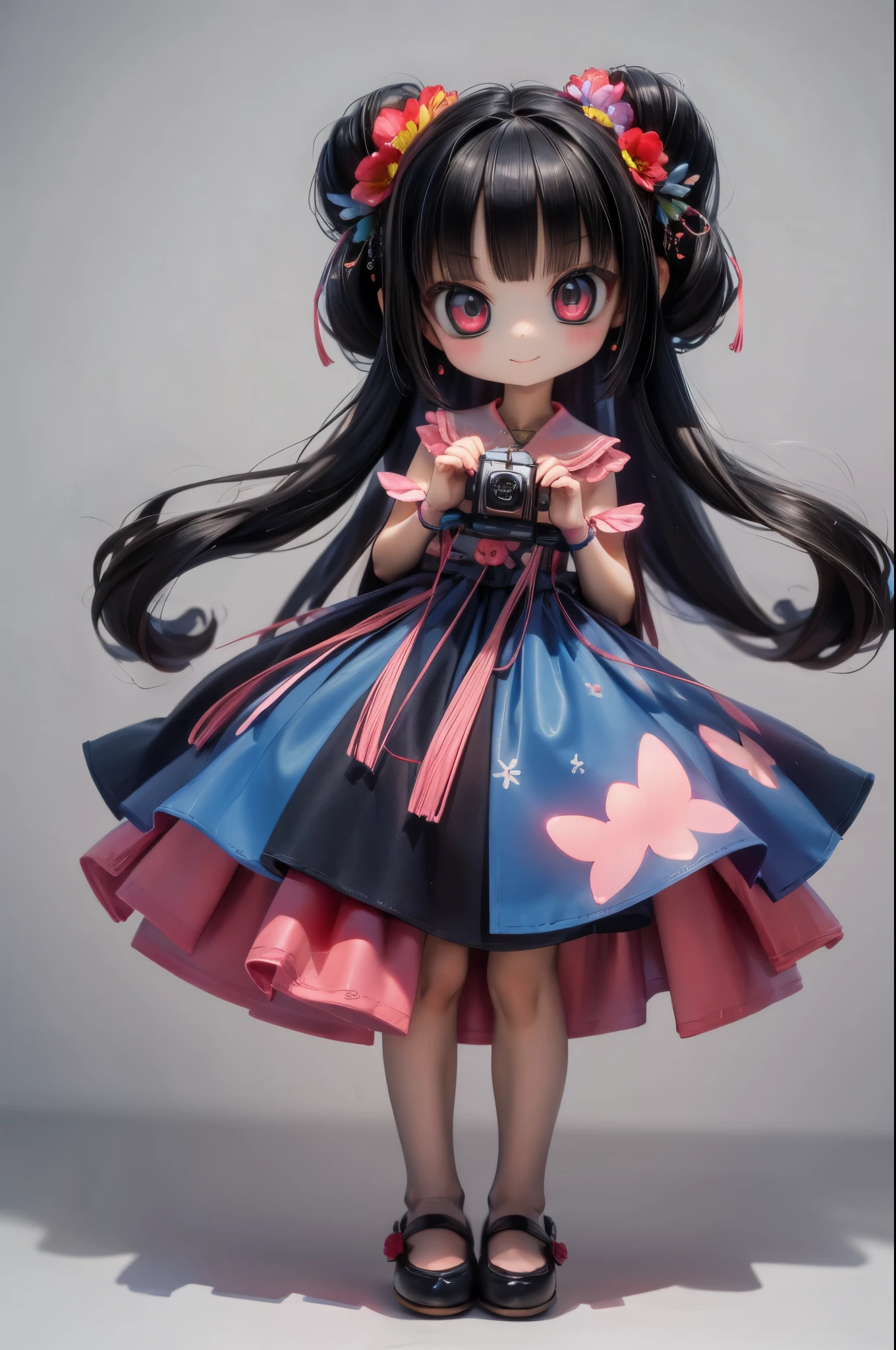 very detailed、(fractal art:1.1)、(colorful:1.1)(flower:1.3)、(dynamic pose)、(abstract background:1.3)、(many colors:1.4)、Place a small doll on a circular stand、cute pose、smile、black hair、Chibi Doll、Eye star(Sparkling)、sing with a microphone、Raise your eyes、laughter、Cute red shoes、super detail、synchrotron radiation、bioluminescence、Stronger bokeh effect、shot from the side