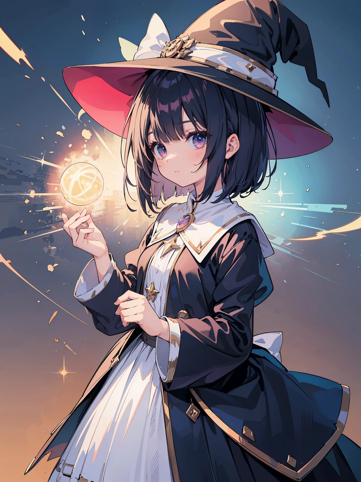 One length bob cut braided black hair,light pink magician hat,dark blue witch,Cute and pretty girl