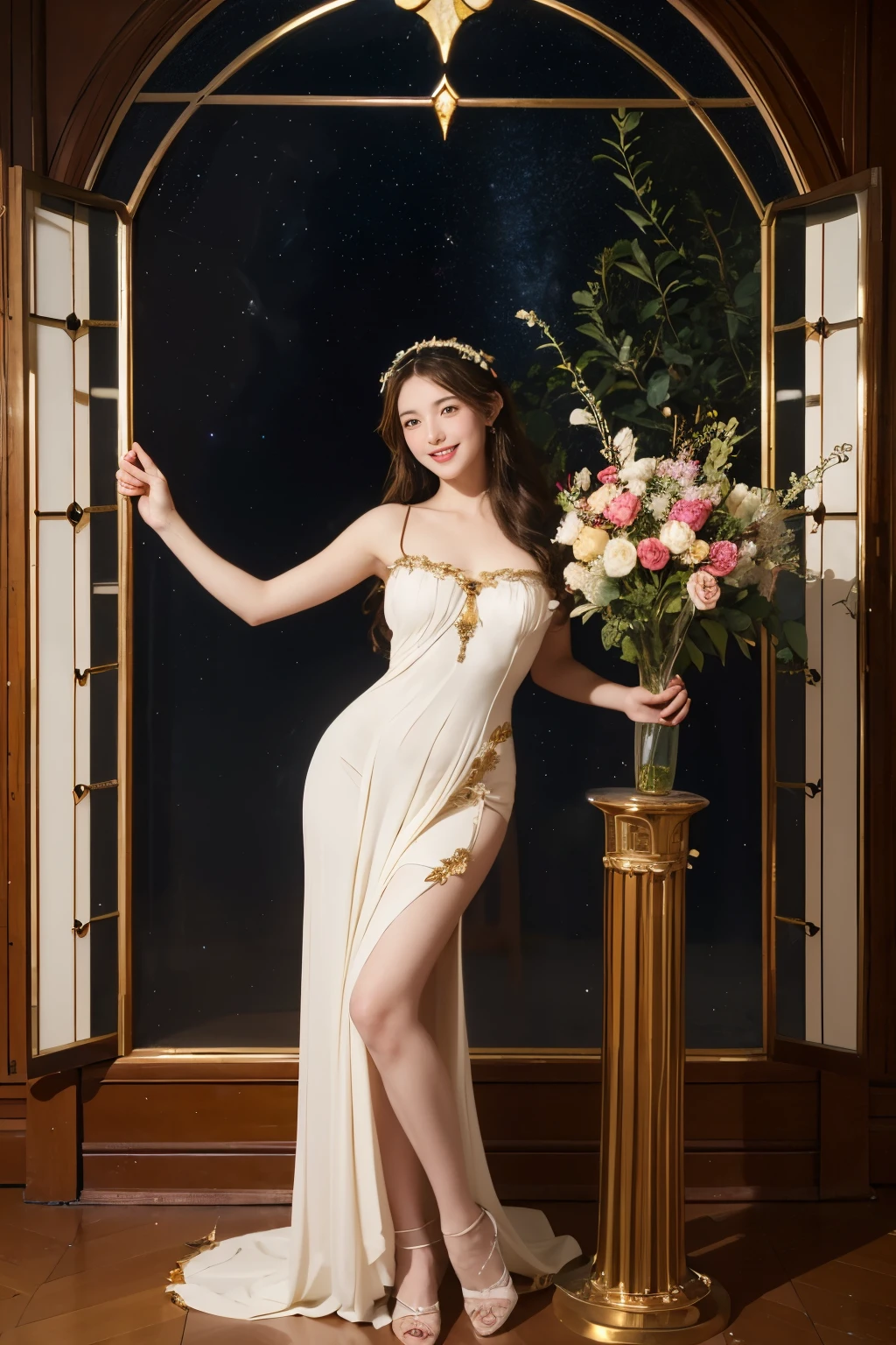 full body portrait or statue、Stained glass、Vigée Leblanc style、math、astronomical machine、astronaut、roses in vase、fruit、Cute trinkets、smile、ancient greek costume、Sandro Botticelli paintings、Costume that stretches your shoulders、A big smile、expression of ecstasy、sexy、beautiful bare skin、Detailed representation of the seducing woman throughout the body