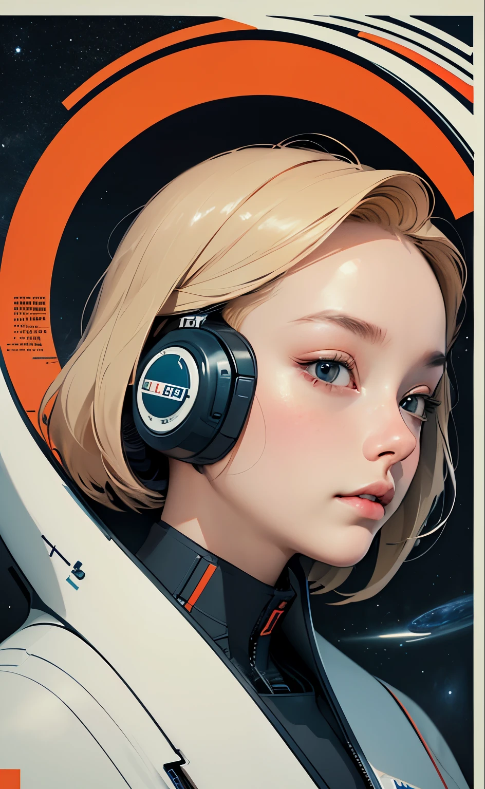 masterpiece, best quality, 1girl, space thriller movie poster, Bauhaus, shapes, lines, abstract, blonde hair, japanese girl