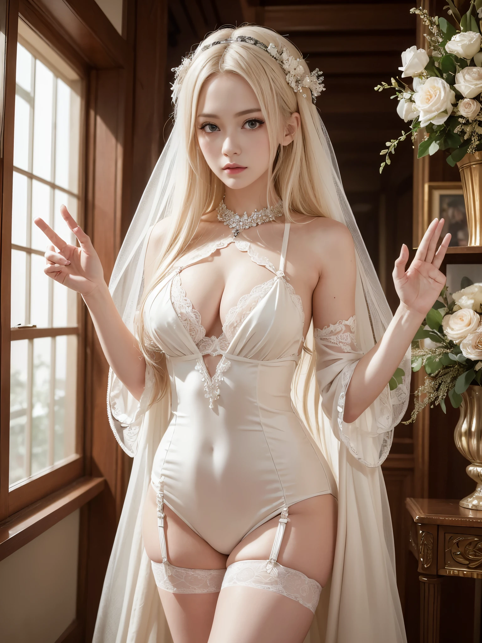 highest quality,very detailed,masterpiece,super detailed,figure,High resolution,super realistic,platinum blonde hair ,hair ornaments,stand,indoor,Unbelievably_disorganized,1 girl,Medium chest,Seductive udder,blush,shyness,realistic,long hair,summer_dress,garter strap,beautiful girl,Waving SV98