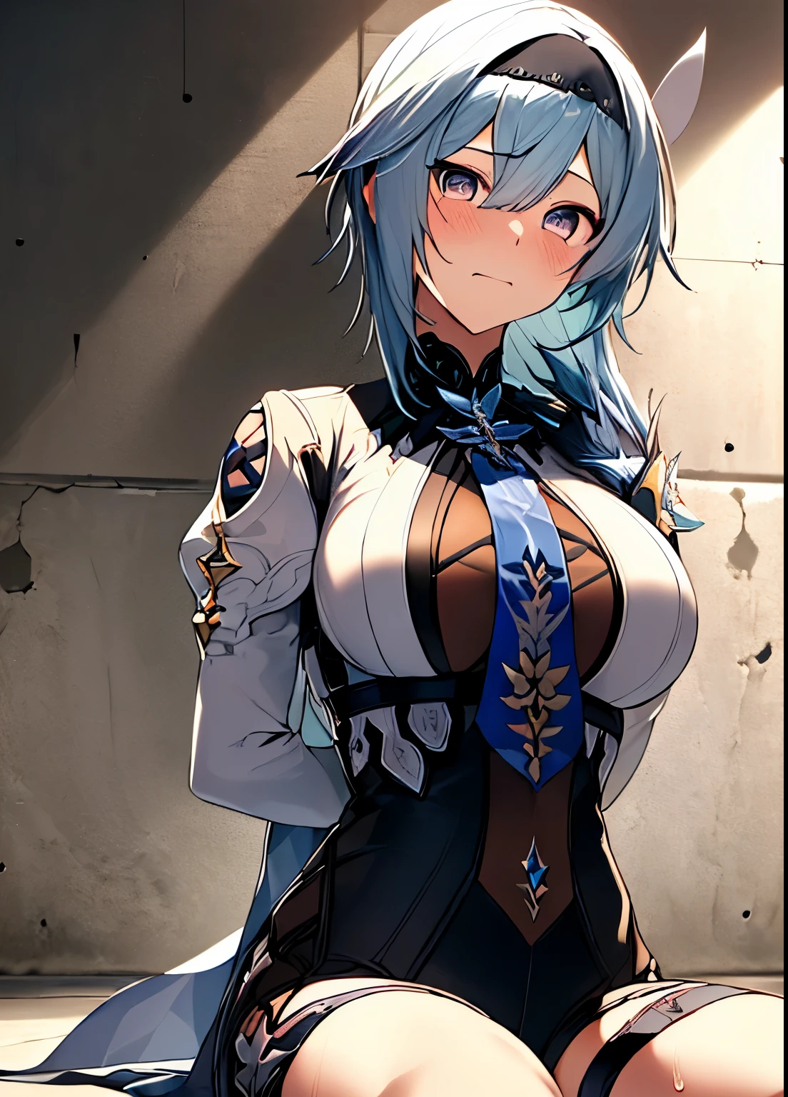 (realistic:1.4), (table top, side light, beautiful and detailed eyes: 1.2), table top*portrait, realistic, 3d face, euladef, Tsundere, outdoor, Day, jail background, short hair, looking at the viewer, stage, (blush), shy, frown, close one eye, Sweat, ((big breasts)), How to write corrections,masterpiece, highest quality, ((((hands tied behind)))), ((turn your arms behind your back)), concrete floor, concrete wall, undergroundで, underground, Seiza, wariza, ((sitting on the floor)), (shiny hair:1.05), (shiny skin:0.97), (Big eyes:0.95),