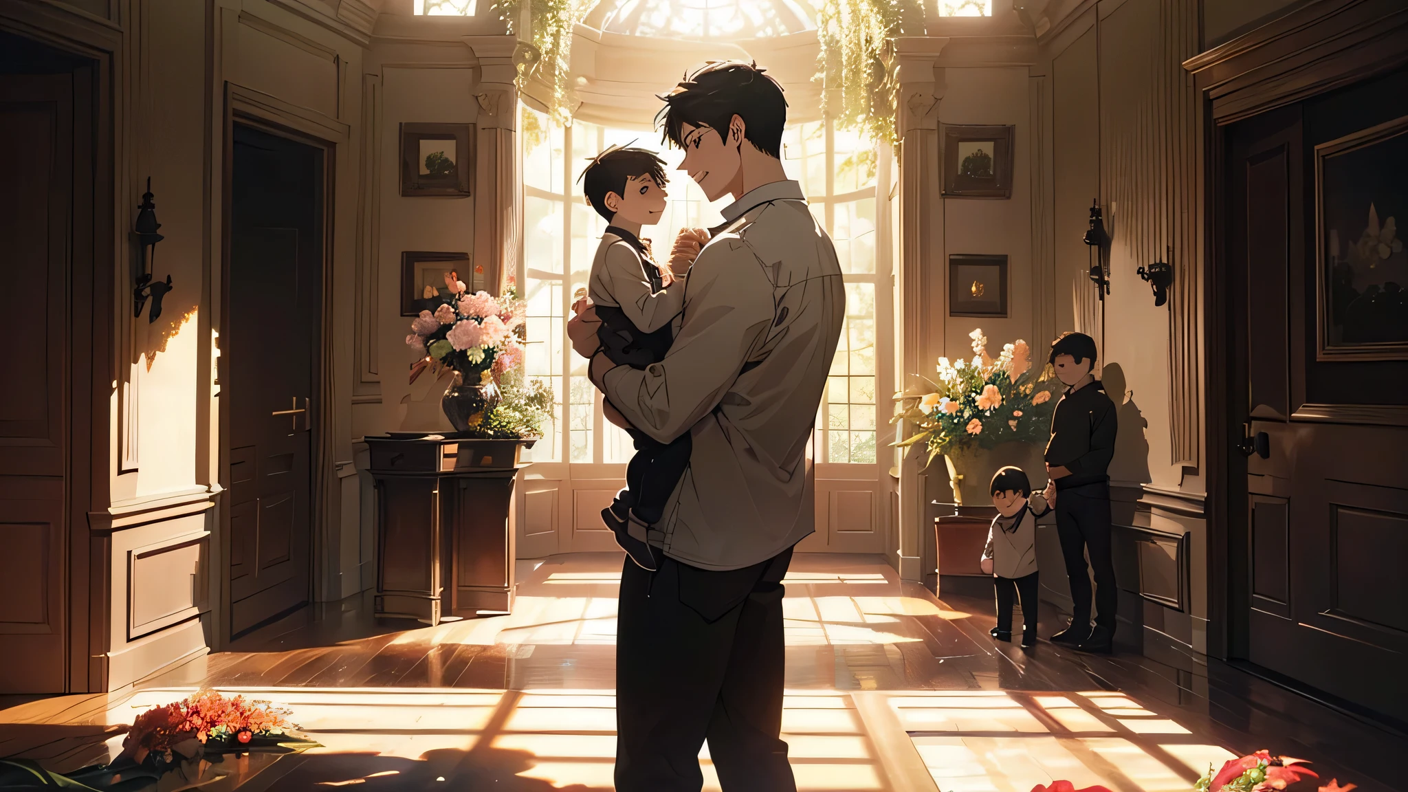 lay face to face on his male teacher's lap , The teacher dries the child'rs