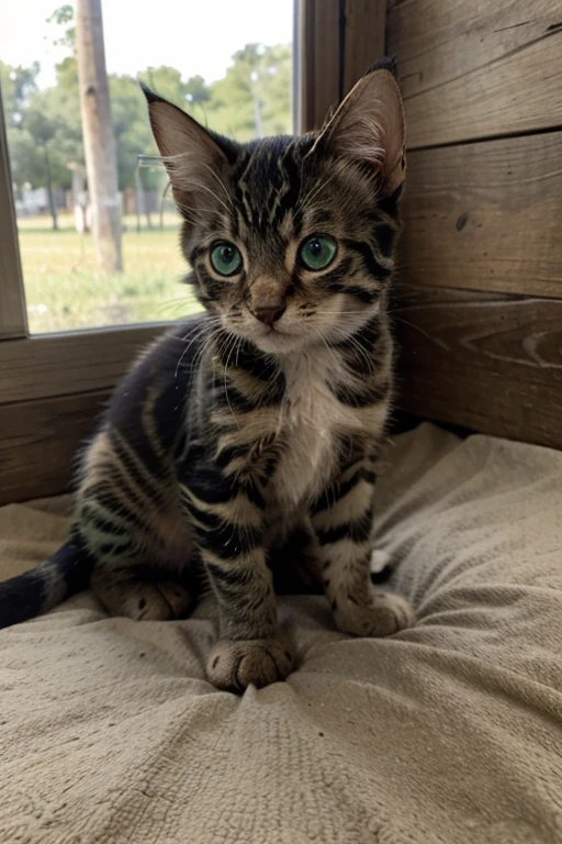 Swamp-colored kitten,striped,green eyes