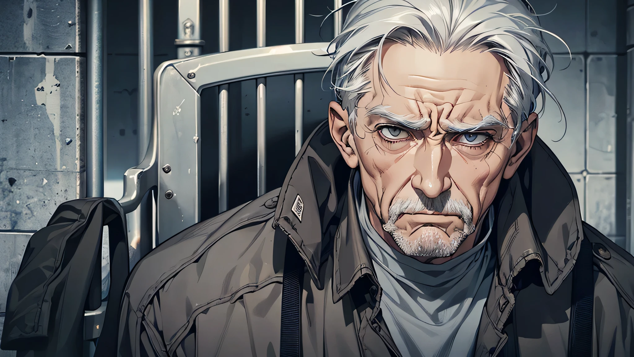 An old man with gray hair,Sneering expression,disdain, An old man,wrinkle on face, gray hair, detailed eyes, detailed face, detailed nose, disgusting face, talking something, in a prison, in a cell prison, sitting in a chair, depressed expressions