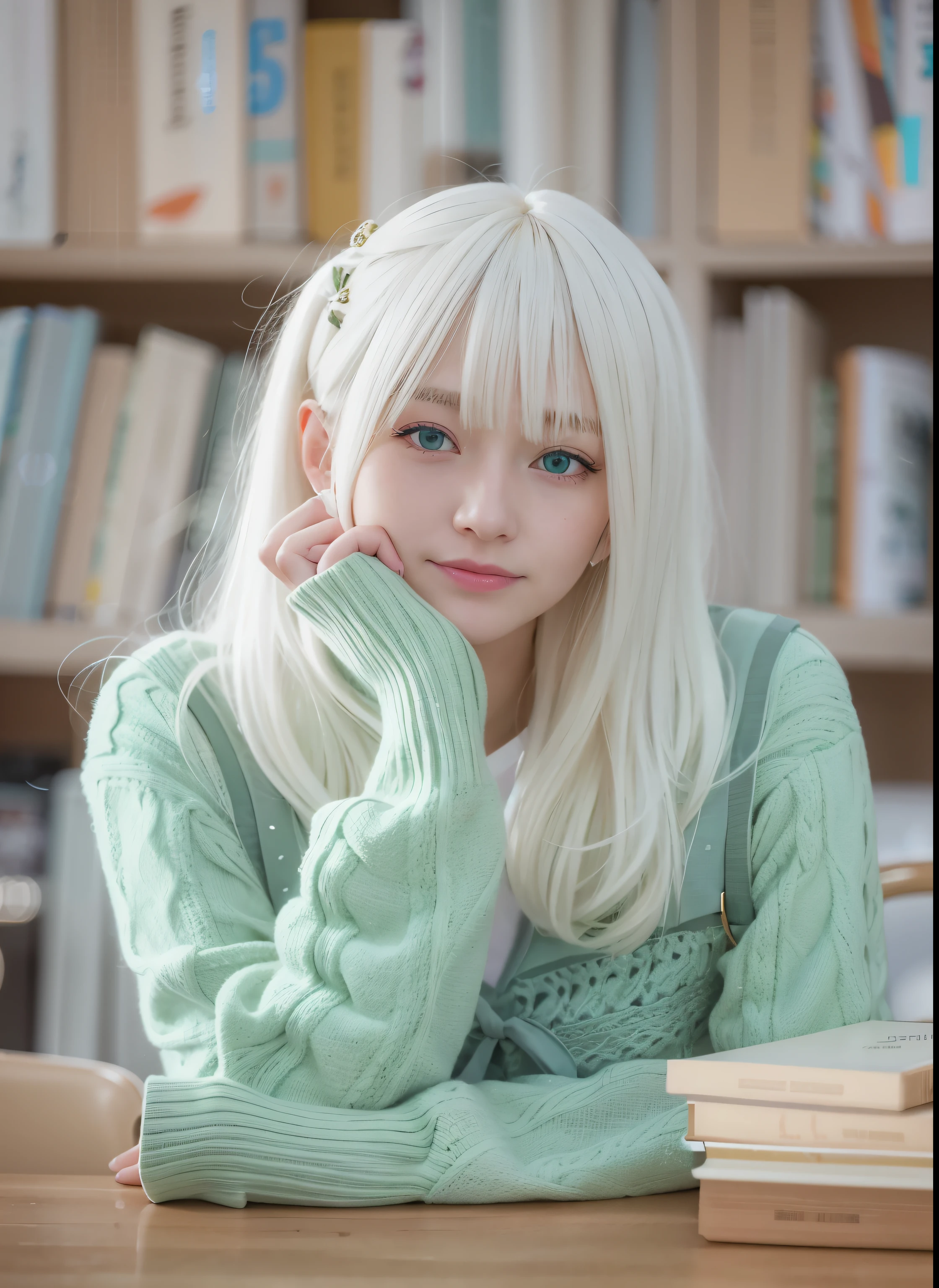 blond haired white hair girl and green sweater sitting at a table, long white hair and bangs, Shirahime cut hairstyle, white hair girl, 完璧なwhite hair girl, have long white hair, with long white hair, One girl has white hair, Real Anime Girls, 短いwhite hair girl, cute hairstyle, white bangs, white-hair pretty face