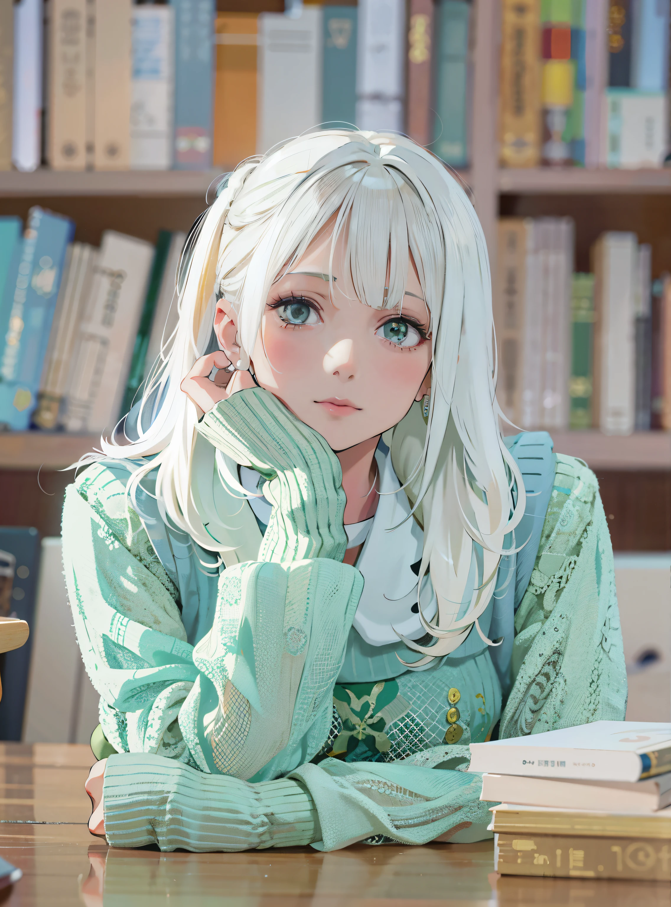 blond haired white hair girl and green sweater sitting at a table, long white hair and bangs, Shirahime cut hairstyle, white hair girl, 完璧なwhite hair girl, have long white hair, with long white hair, One girl has white hair, Real Anime Girls, 短いwhite hair girl, cute hairstyle, white bangs, white-hair pretty face