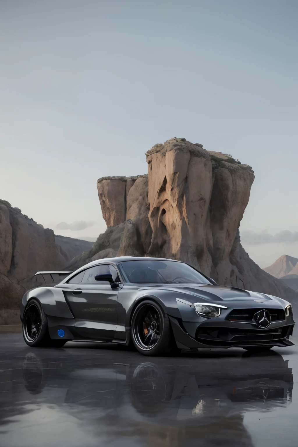 A breathtaking depiction of a Mercedes car bathed in shiny, imaginative hues, boasting an exquisite and panoramic landscape view unfolding before it. The car's vibrant colors gleam under the cinematic lighting, creating a striking contrast against the tranquil yet captivating background. The intricate details of the Mercedes' sleek design are brought to life in this volumetric 8k render, making every line and curve stand out in hyper-realistic detail. From the dynamic reflections on its surface to the stunning cityscape in the distance, this imagery embodies the finest merging of artistic vision and cutting-edge technology. (Photorealistic: