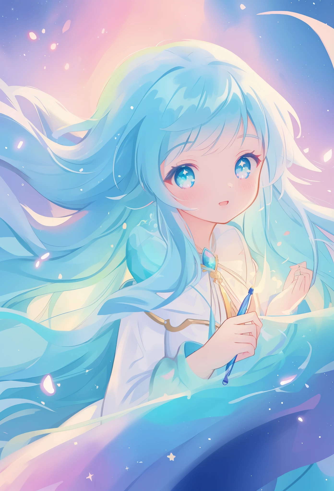 beautiful girl, vibrant pastel colors, (colorful), sparkling magical liquid, inspired by Glen Keane, inspired by Lois van Baarle, disney art style, by Lois van Baarle, glowing aura around her, by Glen Keane, jen bartel, glowing lights! digital painting, flowing glowing hair, glowing flowing hair, beautiful digital illustration, fantasia background, whimsical, magical, fantasy, ((beautiful face)), ((masterpiece, best quality)), intricate details, highly detailed, sharp focus, 8k resolution, sparkling detailed eyes, liquid watercolor