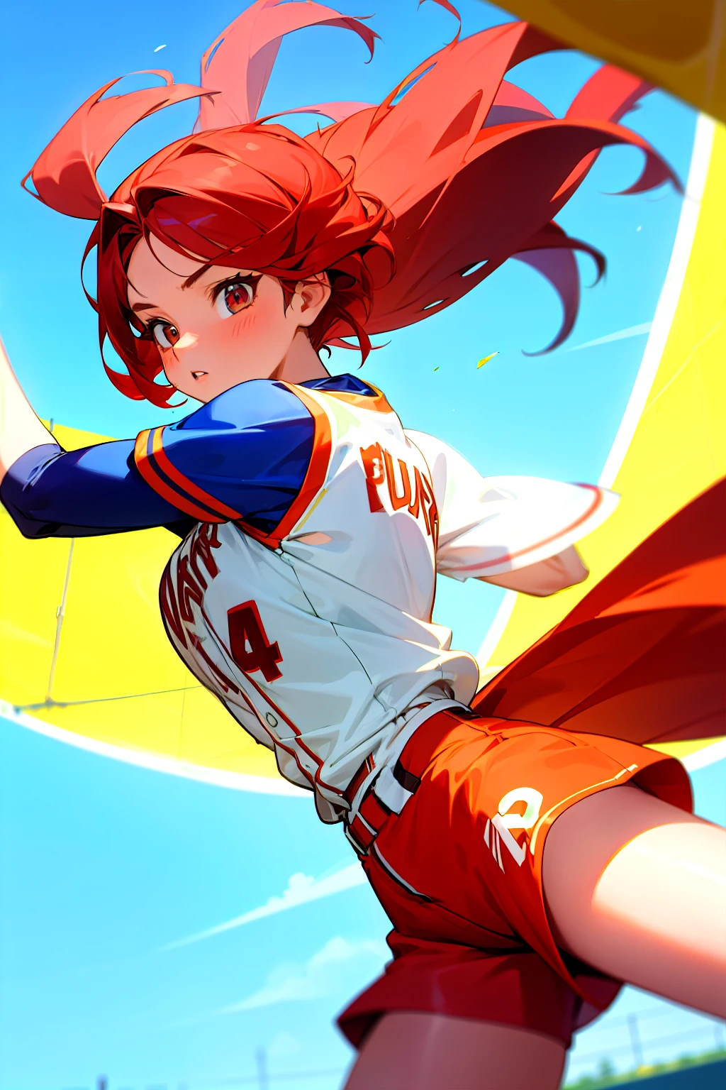 Girl playing baseball in short clothes, reveladora y ajustada como si fuera una animadora. Con el yerse sesabotonado, pelirroja
