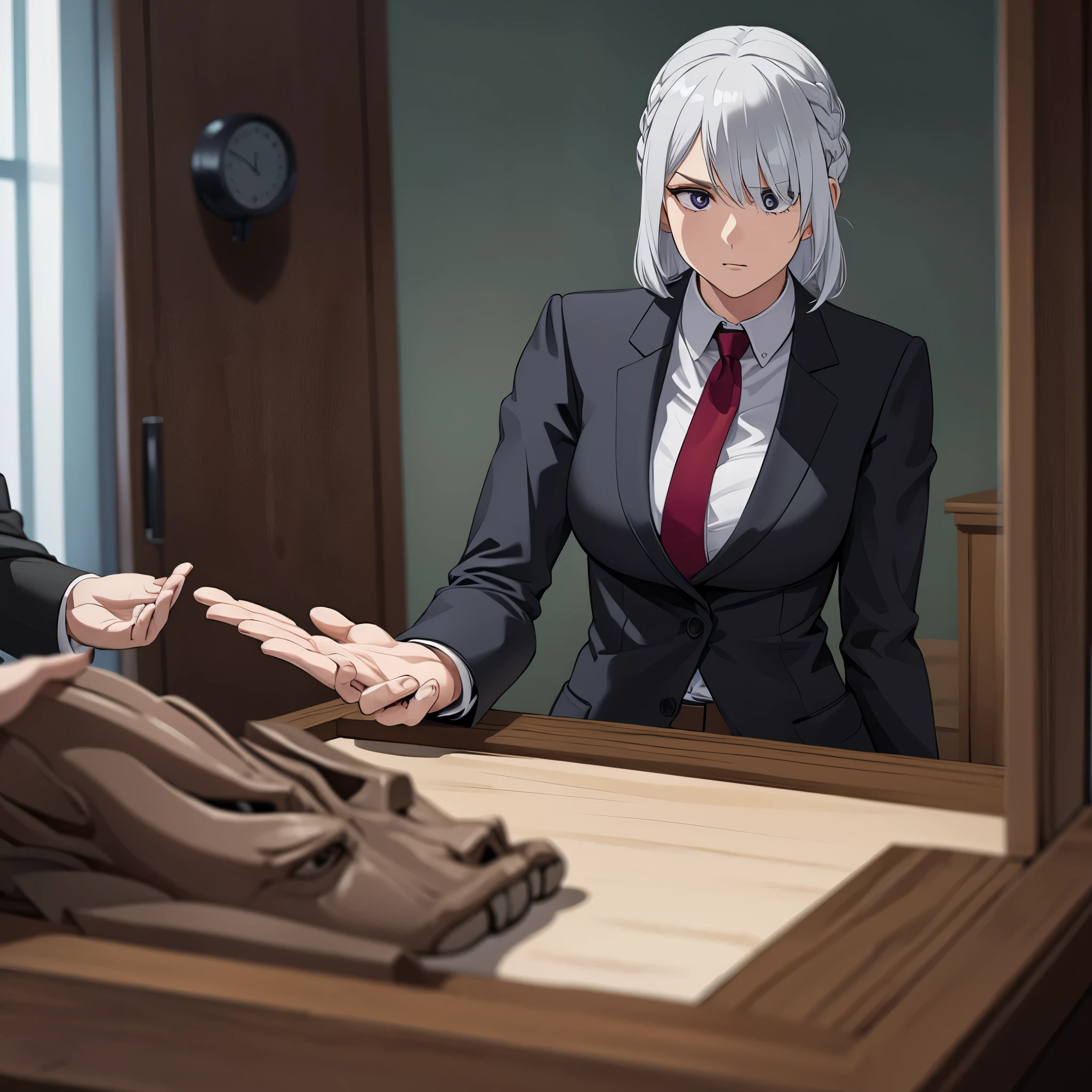 a woman wearing a black suit, silver hair, in a house
