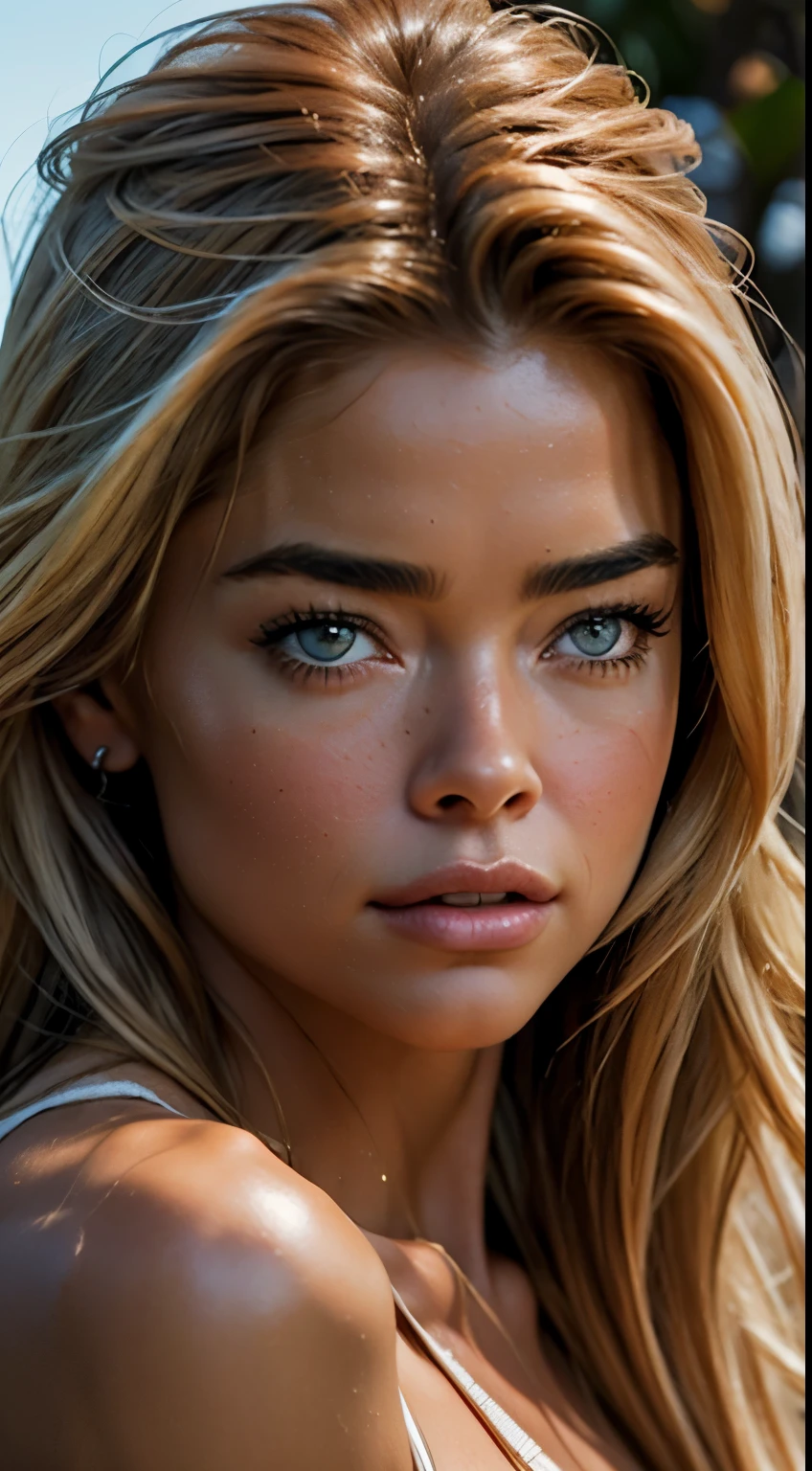 (hyper realistic image,  high resolution, 8k,  super detailed,  masterpiece ) 1 (muscle girl:1.37), Cara Delevingne, detailed face,  makeup, blonde hair, beautiful (body muscular:1.2), (busty:1.2), defined muscles, wearing a lingerie, shiny oily skin,  professional lighting,  