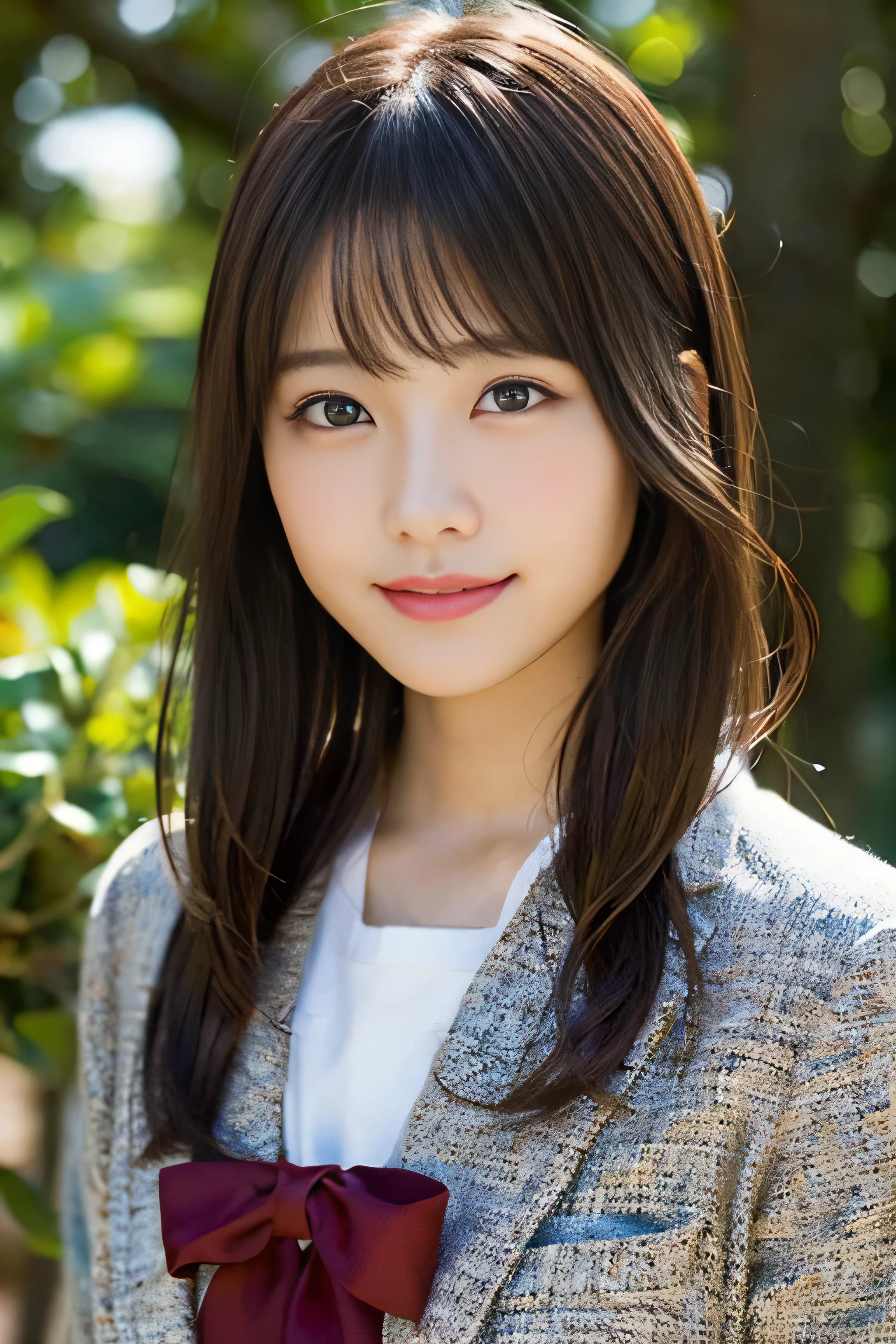 (8K、RAW photo、highest quality、masterpiece:1.2)、(realistic、Photoreal:1.37)、Super detailed、ultra high resolution、1 girl、see the beholder、beautiful and detailed face、laughter、narrow、(slim waist) :1.3)、beautiful and smooth skin、skin texture、floating hair、professional lighting、as a whole human body、Japanese high school uniform、sailor suit、Twin Hairstyles、twin tails、E cup、smile、16 years old、red ribbon、baby face、in the forest、Tree of the Rising Sun々Passing sunshine、god々々Shikai、Hair fluttering in Wind、Wind