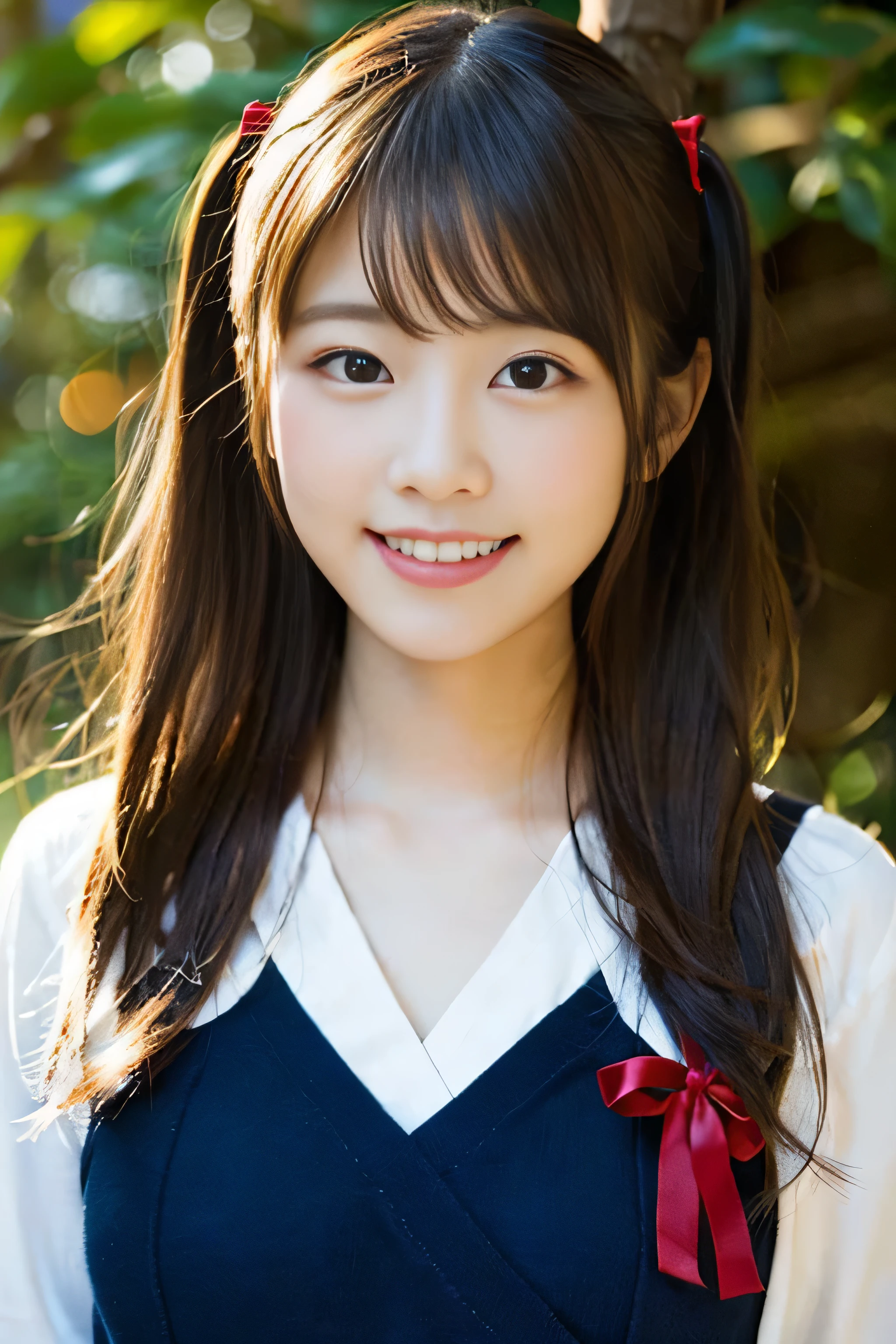 (8K、RAW photo、highest quality、masterpiece:1.2)、(realistic、Photoreal:1.37)、Super detailed、ultra high resolution、1 girl、see the beholder、beautiful and detailed face、laughter、narrow、(slim waist) :1.3)、beautiful and smooth skin、skin texture、floating hair、professional lighting、as a whole human body、Japanese high school uniform、sailor suit、Twin Hairstyles、twin tails、E cup、smile、s old、red ribbon、baby face、in the forest、Tree of the Rising Sun々Passing sunshine、god々々Shikai、Hair fluttering in Wind、Wind