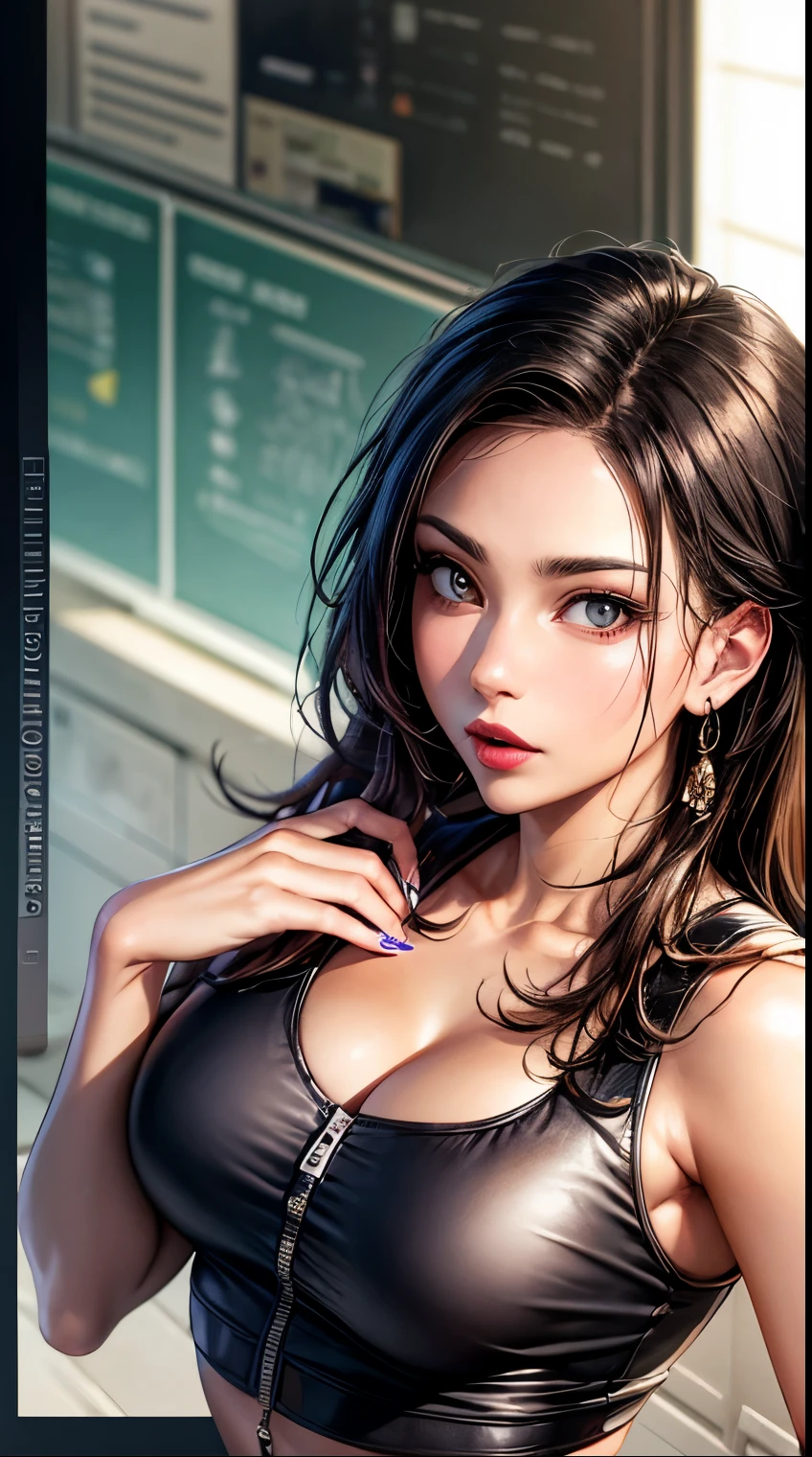 
Dreadlocks hair woman, sexy school teacher in a classroom, red lips, black skirt, dressed like Lara Croft, playing video games, from above, --style realistic-imagine --auto --s2-imagine