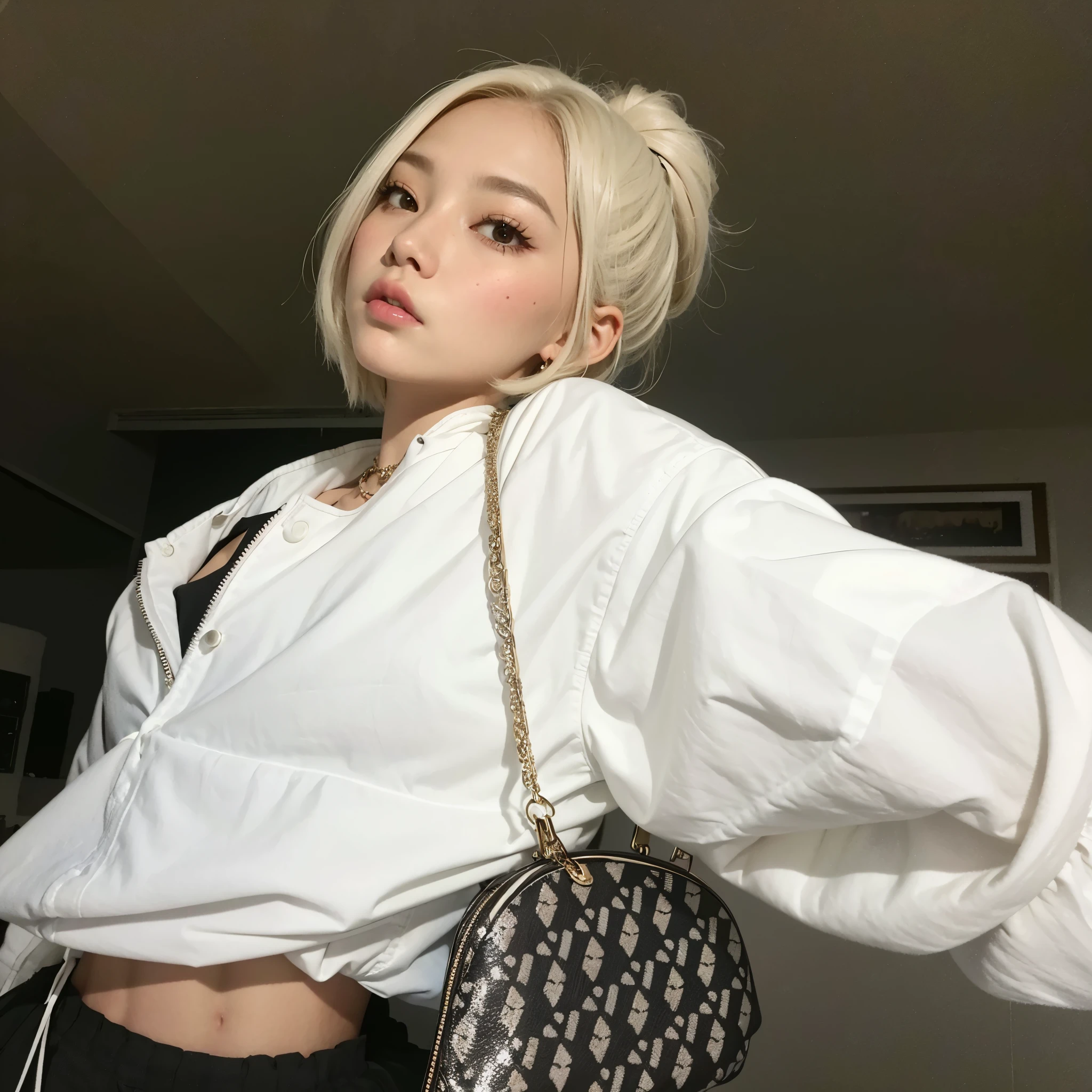 a CLose up of a person with a handbag and a shirt, CL, parque roseanne de blackpink, su cabello es blanco, heonhwa choe, ulzzang, sol yunjoo, jossi de blackpink, peinado de corte hime blanco, Jinyoung Shin, muchacha coreana, chica con pelo corto y blanco, hong junio hyung, con pelo blanco corto y ondulado, foto de perfil