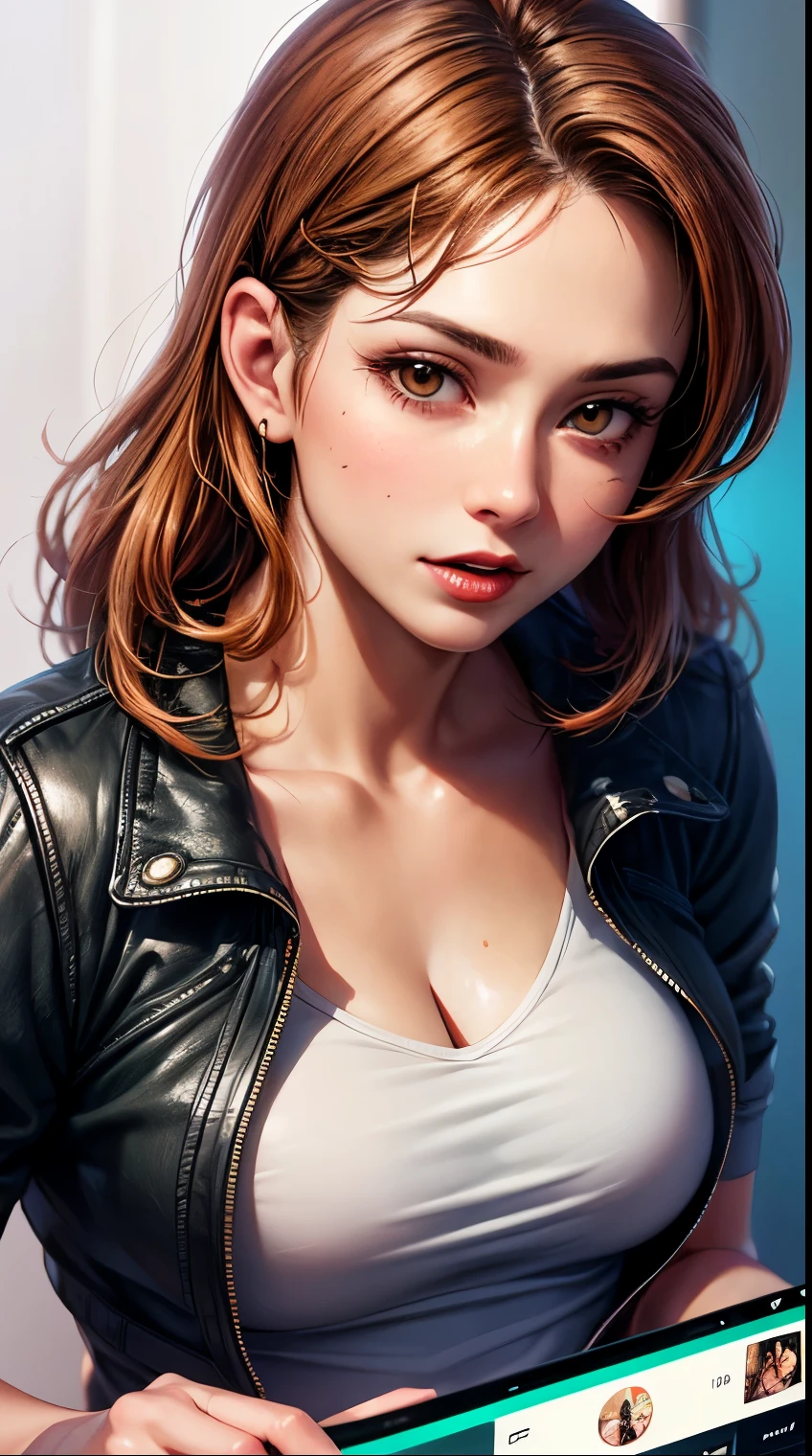 (masterpiece, 8k, 4k, extremely detailed,  dynamic shading, best quality, strong linework, absurdres:1.4) nice hands, perfect hands, mature, milf, sexy, (huge tits:1.1) <lora:more_details:1> <lora:colorify:0.5> <lora:squall-nvwls-v1:lbw=inall:step=5-30> squall, scar, necklace, cropped black jacket, fur trim, (cropped white t-shirt:1.3), midriff, open jacket, black pants, (multiple belts:1), (shoulder length hair), high thong strings, (laying on a bed, laying down:1.2), top down view