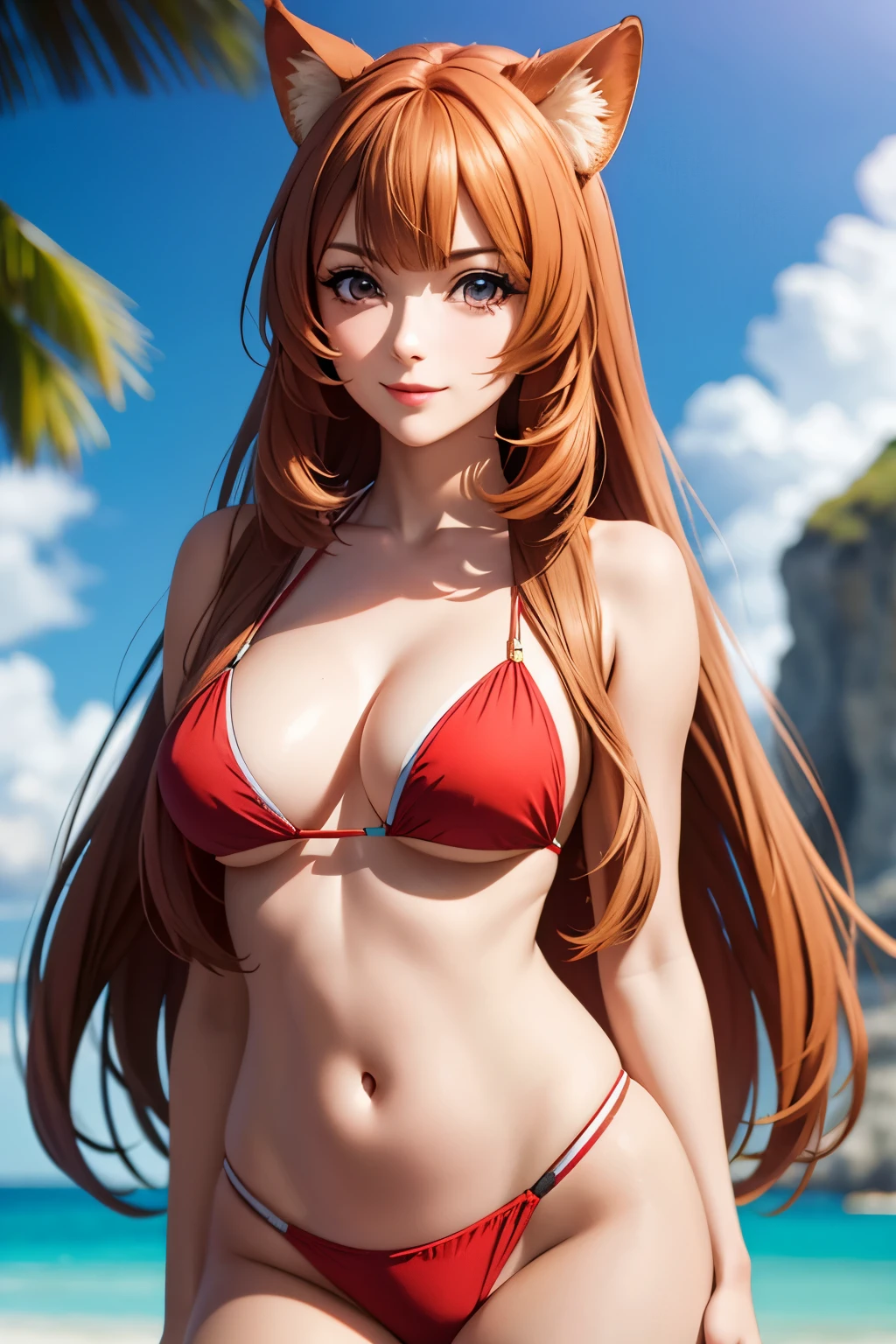 raphtalia. beautiful woman 22 years old bright detailed clear skin, ojos rojos detallados . cabello naranja. orejas de animal redondas, bikini rojo pechos grandes,  pechos enormes, cuerpo mojado, sonrisa alegre,  enfoque en sus pechos fondo playa. soleada. bikini rojo . gotas de agua en su cuerpo, orejas de animal redondeadas. . ojos rojos pechos grandes. pechos grande imagen cuerpo completo sonrisa alegre