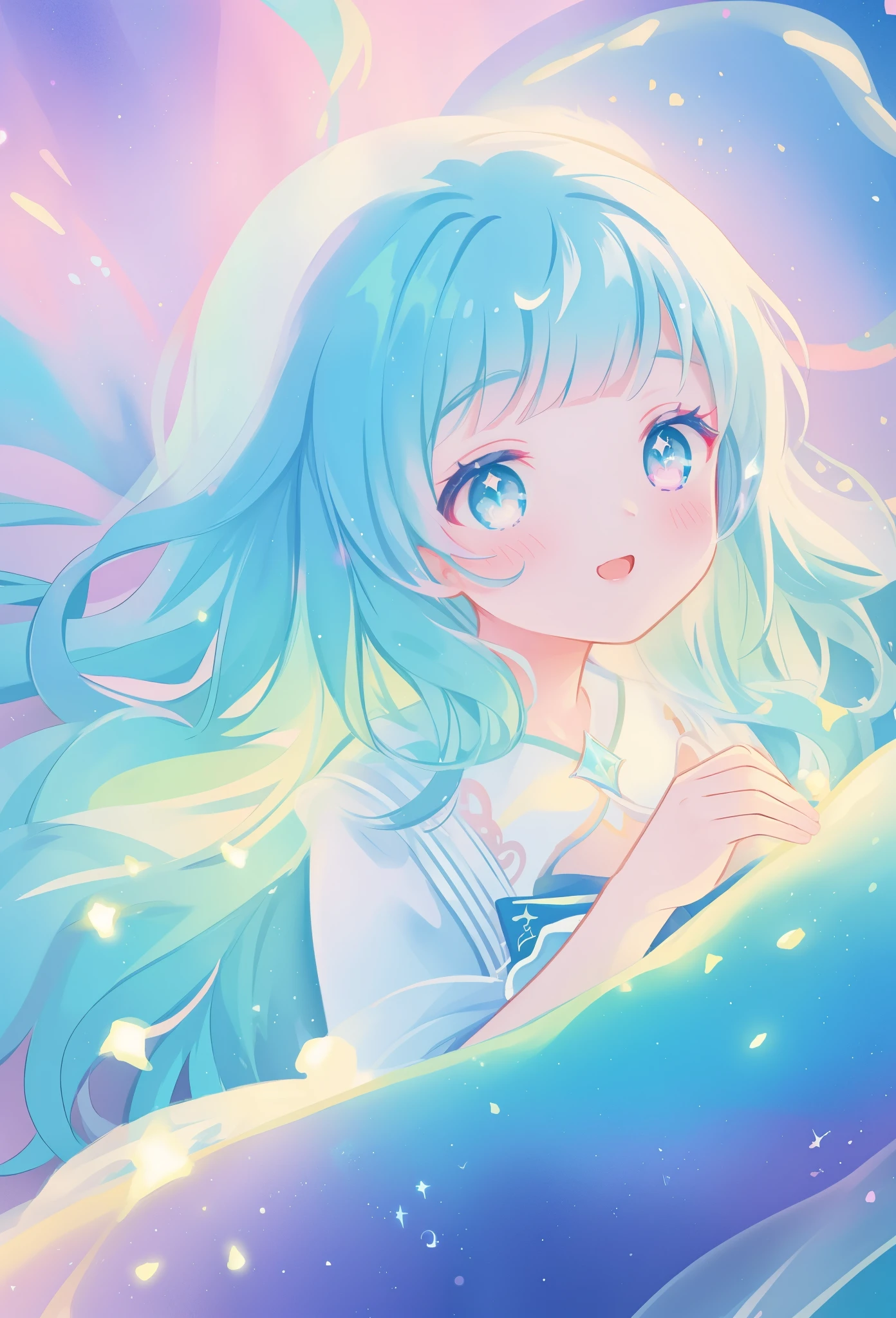 beautiful girl, vibrant pastel colors, (colorful), sparkling magical liquid, inspired by Glen Keane, inspired by Lois van Baarle, disney art style, by Lois van Baarle, glowing aura around her, by Glen Keane, jen bartel, glowing lights! digital painting, flowing glowing hair, glowing flowing hair, beautiful digital illustration, fantasia background, whimsical, magical, fantasy, ((beautiful face)), ((masterpiece, best quality)), intricate details, highly detailed, sharp focus, 8k resolution, sparkling detailed eyes, liquid watercolor