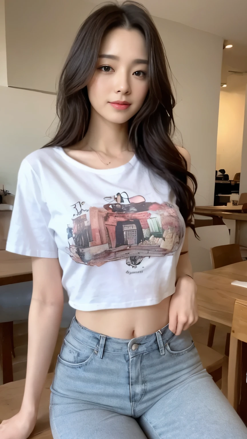 ((top-quality、8k、masterpiece:1.3))、Beautiful woman with perfect body:1.4、slim abdomen:1.2、Longhair, normal breast, Highly detailed facial and skin texture, A detailed eye, delicate eyes, double eyelid, (smile), (full body shot), ((restaurant 1.1)), (sitting on chair), (((wearing t-shirt with skirt))), looking in front