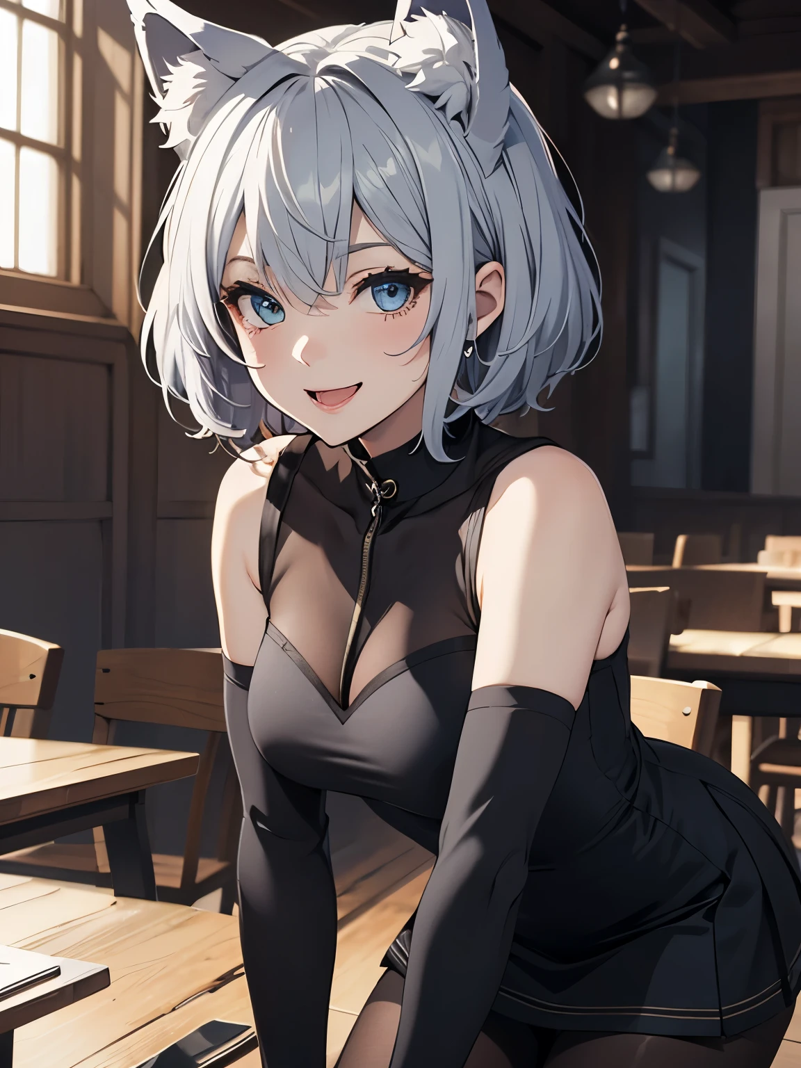 table top　High level image quality　best image quality　8K　 adult woman　portrait　Black Long Gloves　black pantyhose　black sailor suit（sleeveless）　mini skirt　White wolf ears　short hair（（shortcut）（gray hair）（perm）（fluffy））　eye color is blue　Face seducing（（laughter）（smile）（open your mouth））