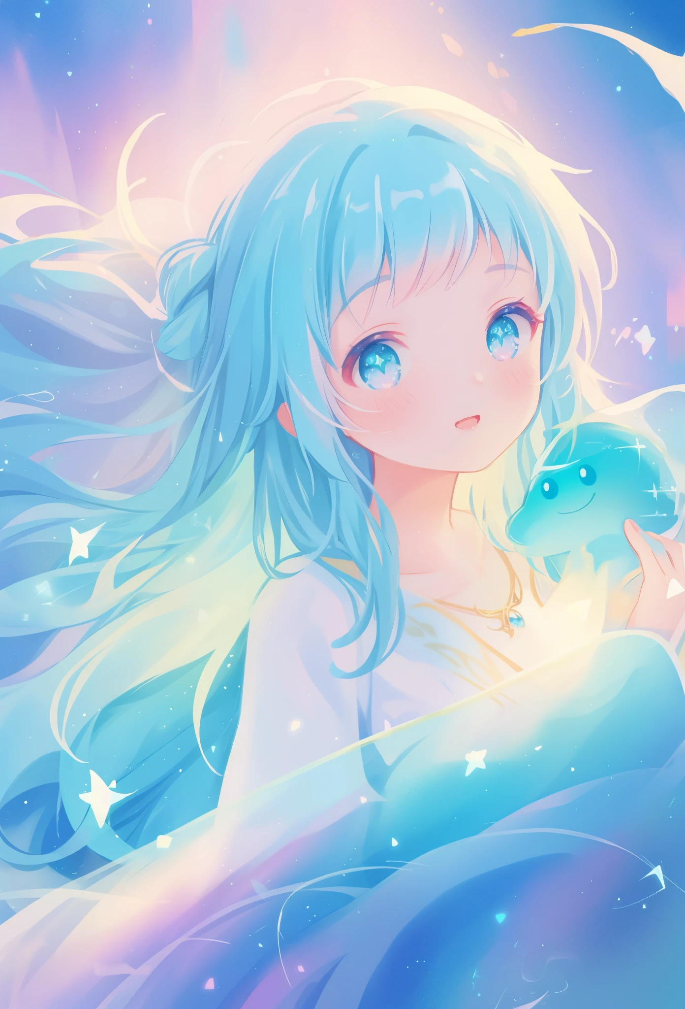 beautiful girl, vibrant pastel colors, (colorful), sparkling magical liquid, inspired by Glen Keane, inspired by Lois van Baarle, disney art style, by Lois van Baarle, glowing aura around her, by Glen Keane, jen bartel, glowing lights! digital painting, flowing glowing hair, glowing flowing hair, beautiful digital illustration, fantasia background, whimsical, magical, fantasy, ((beautiful face)), ((masterpiece, best quality)), intricate details, highly detailed, sharp focus, 8k resolution, sparkling detailed eyes, liquid watercolor