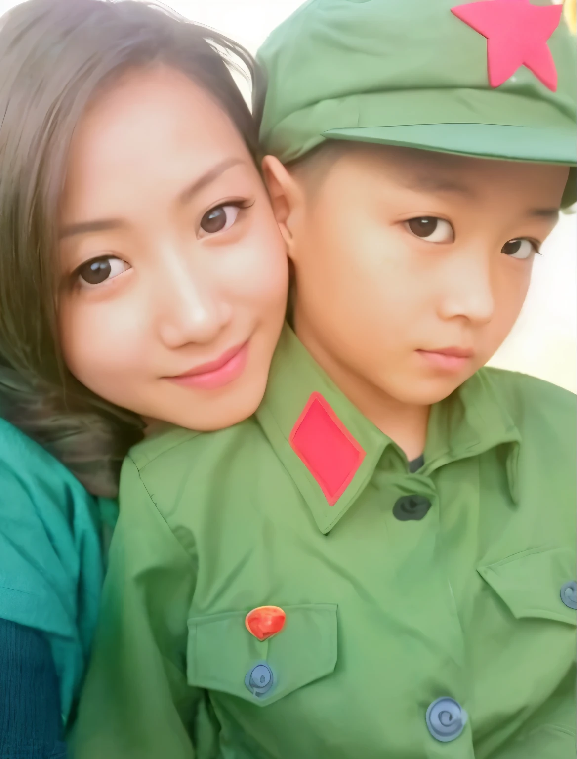 There was a woman and a man in military uniform, with a child, User photo, mine, Color photos, High quality upload, Photos on iPhone, Color photos, portrait, Son, old picture, There is ivy, child, iphone picture, chibi, iPhone capture, picture, by Yi Insang, Lin Meng style