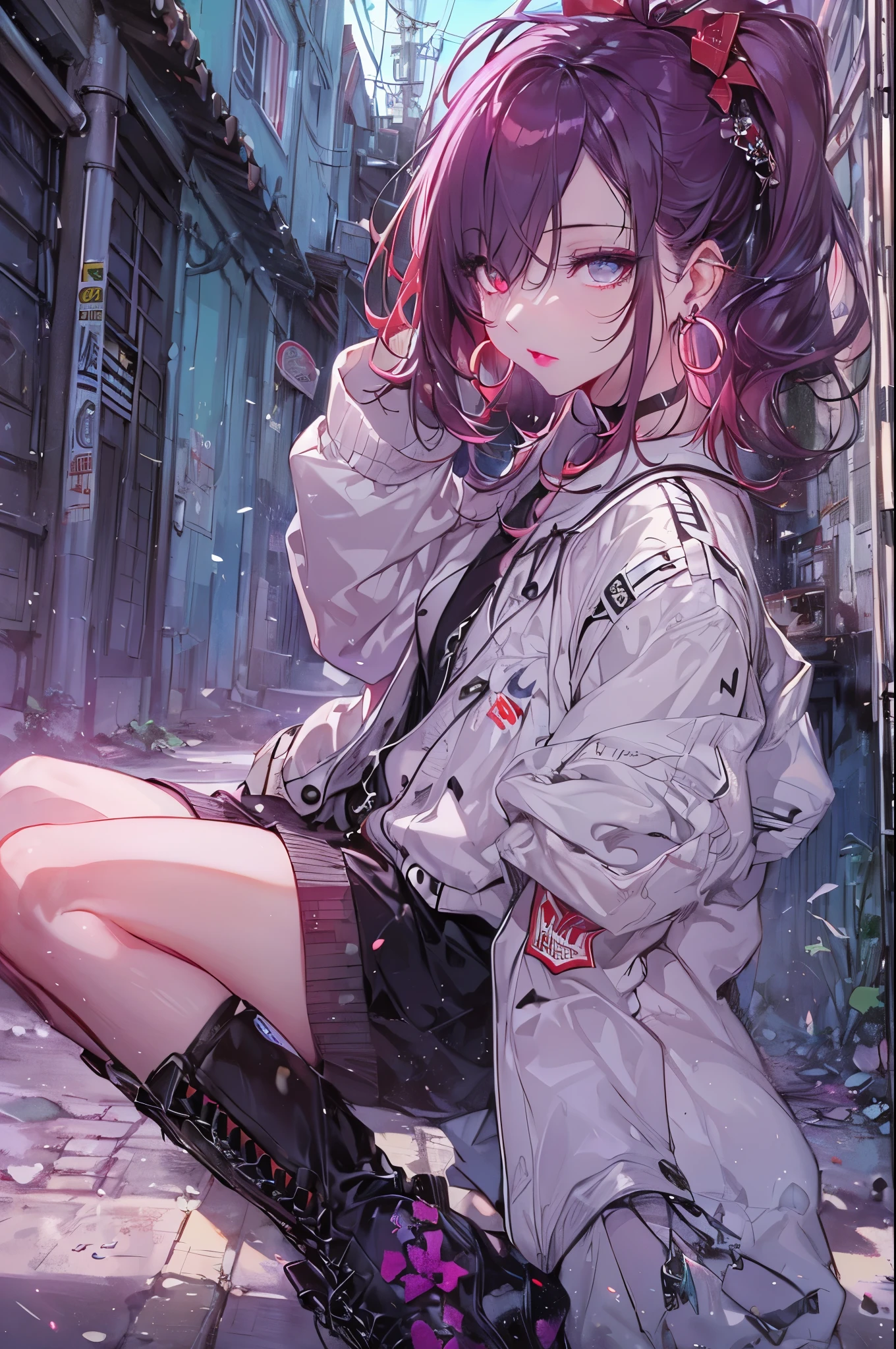 hair above one eye, red eyes, clear eyes, choker, Neon Shirt, torn legwear, open jacket, towards the wall, brick wall, graffiti, shineing grafiti, shineing tattoos, shine, neon light, Black light,anime style, movieポートレート写真, 1 female, 22 years ago, whole bodyエスビアン,Blue eyes background, big and full breasts, anger, (scarlet colored hair), long hair, purple eyes, wearing a short black dress, (natural skin texture vivid details, surreal, (realistic detailed eyes, natural skin texture, realistic facial details), soft and dramatic lighting, Depth of written boundary, Bokeh, vivid details, surreal, 35mm movie, hazy blur, movie,lipstick, ear piercing, eye shadow, hoop earrings, Red-pink lips, 多色のred eyes, purple theme,Wear an iridescent aura,beautiful eyes,stand in front of the red gate,bold pose、upward glance,upper ponytail,Hanging bangs、shoot from below、peeping、Face straight down、Angle seen from the feet,boots,(((Shooting from various angles)),Peeking in from above,whole body