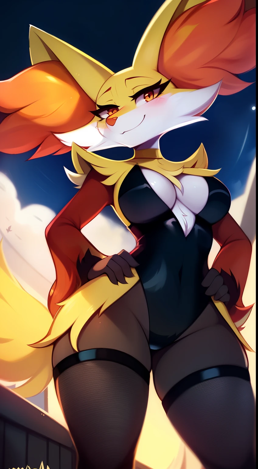 by waspsalad, by phluks, by zero-sum, cinematic lighting, comfortable anime-style cartoon-style, digital drawing, (delphox, female, breasts, anthro), solo, perspective, (tail), totally blushed, smug smile, half-closed eyes, hands on hips, black leotard, Fishnet high stockings, black heels, uploaded the e621, beautiful and detailed, woman, (character focus:1.1), body fur, curvy, sexy, nice, cute, hot