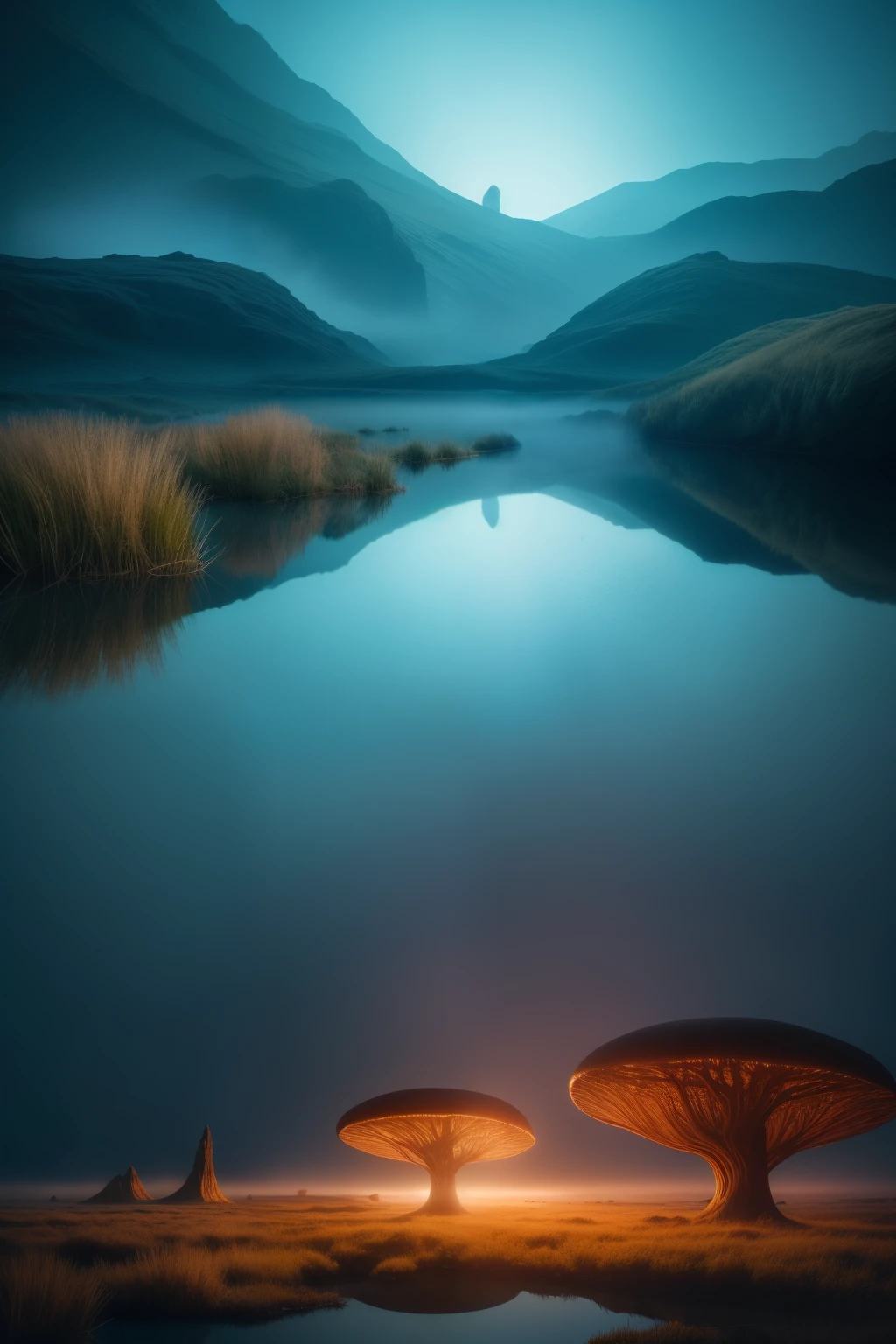 Strange Landscapes: surreal, otherworldly, dreamlike, ethereal, bizarre, unearthly, fantastical, imaginary, anomalous, enchanting, mystifying, unreal, aircraft fuselage emerging from the mist-covered marsh, twisted trees growing in unlikely places, shimmering reflection on an otherworldly lake, glowing mushrooms emitting an eerie light, suspended mountains in the sky, ((High Definition, 8k, Masterpiece: 1.2)), ((Surreal Landscapes)), ((Odd: 1.1)), ((Realistic, Hyperreal: 1.5)), ((Mystical Location)), ((Volcanic E