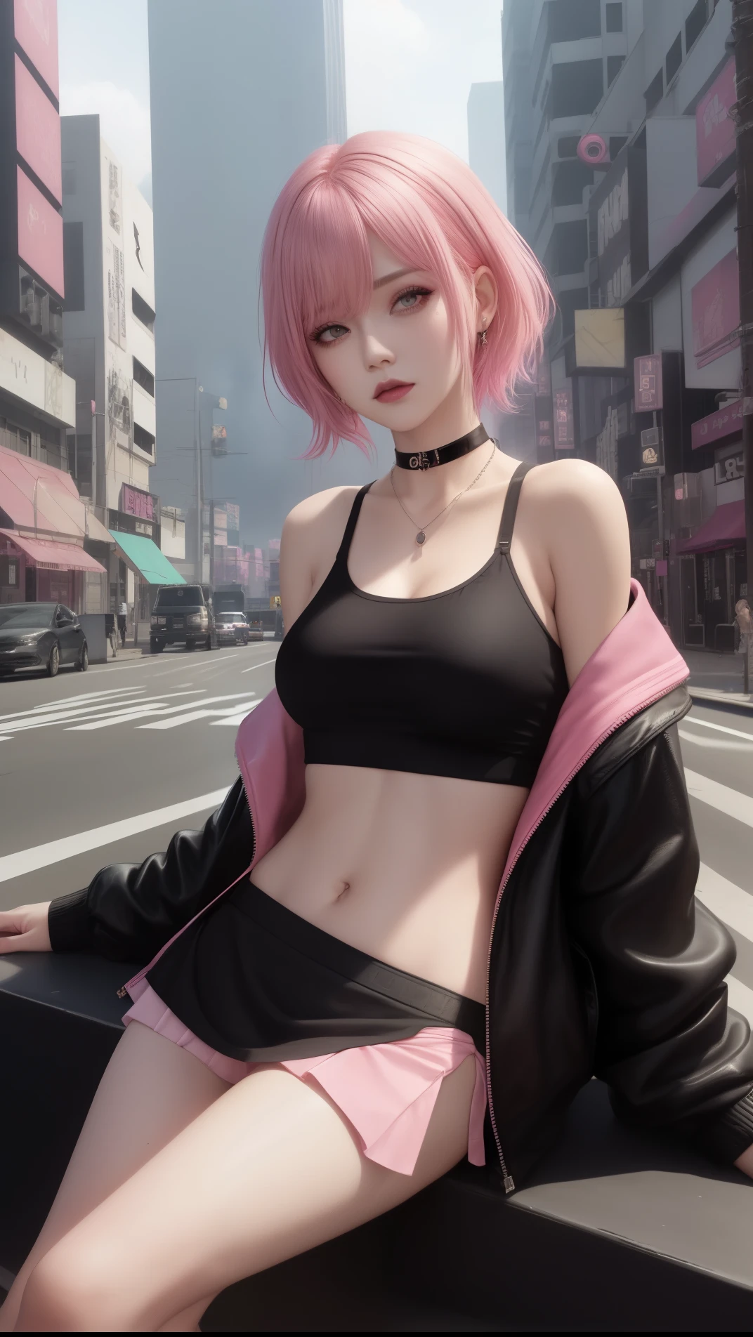 a woman with pink hair and a black top is sitting on a city street with a traffic light in the background, Artgerm, anime art, cyberpunk art, photorealism, 1girl, bangs, bare_shoulders, black_choker, breasts, bridge, brown_eyes, building, choker, city, cityscape, crop_top, jewelry, looking_at_viewer, makeup, midriff, navel, necklace, pink_hair, short_hair, side-tie_panties, sitting, skirt, skyscraper, solo, tank_top
