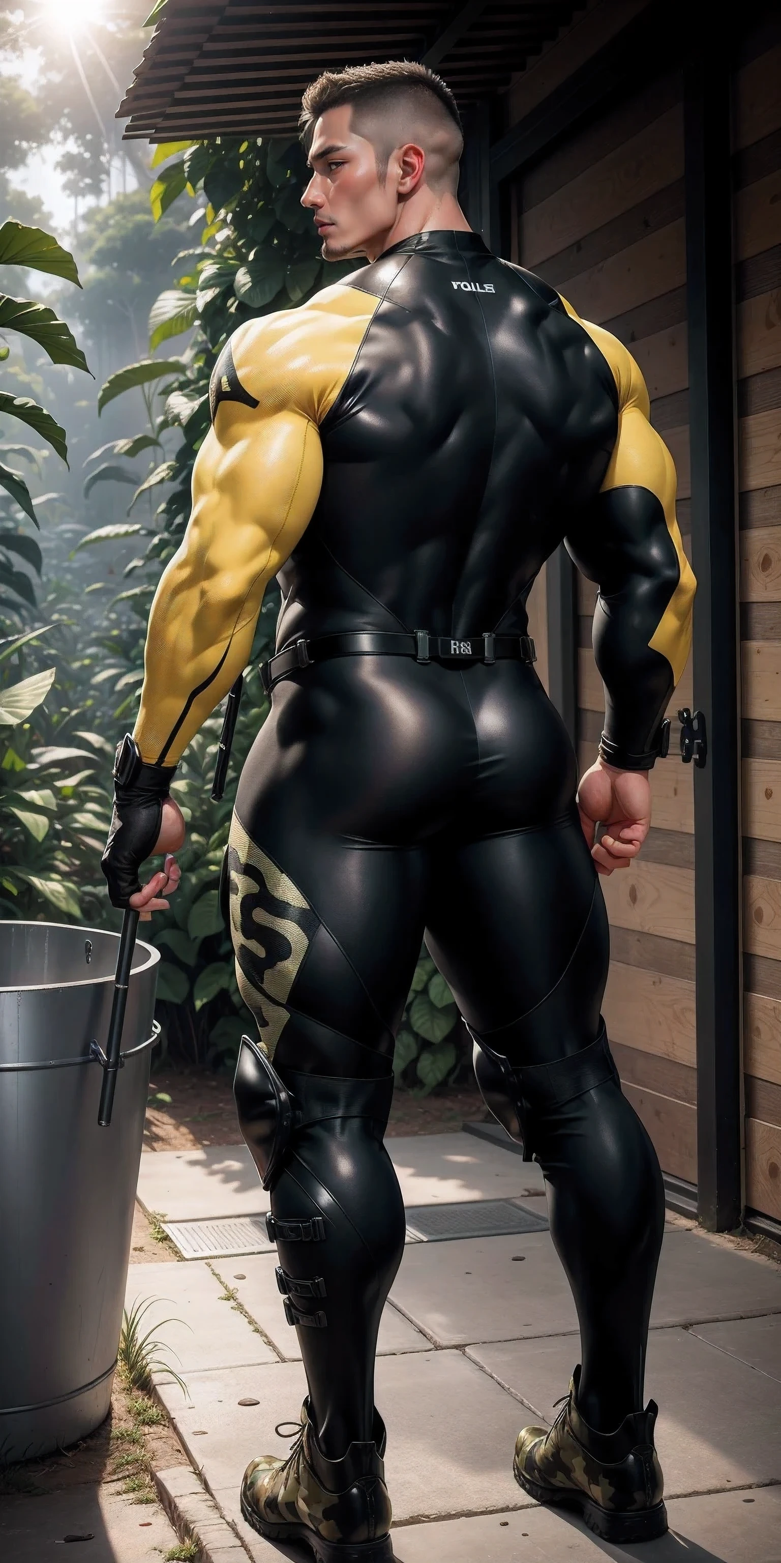 Tall giant muscular police officer back view.,Yellow and gray khaki camouflage wetsuit,He stood holding a thick steel pipe,Straighten your hips,(he is a tough guy,buzz clip,Round inches),senior police officer,身穿Yellow and gray khaki camouflage wetsuit,matte texture,regular symmetrical texture pattern,Standing in the dark sugar cane jungle, The body is wrapped in thick rattan,sad expression,Deep and charming eyes,Emerald Pupil Hero,heroic male pose,高大burly,muscular!Charming leg muscles,High, burly, Heqiang, 身穿Yellow and gray khaki camouflage wetsuit, Super gain and cool, high resolution committee, Big feet in black boots,Charming strong man,The bright sunshine is shining on you,matte particles,shiny texture