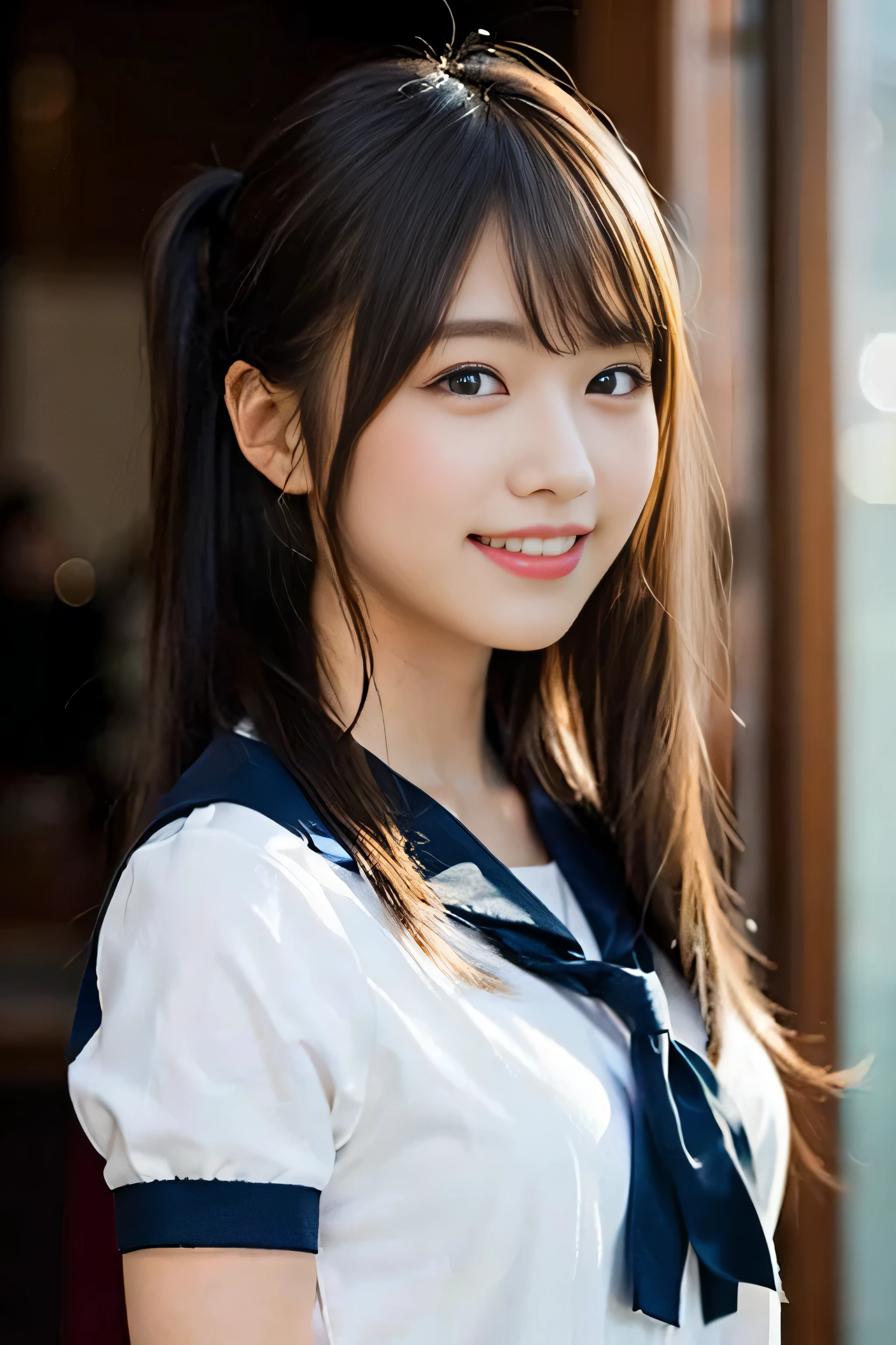 (8K、RAW photo、highest quality、masterpiece:1.2)、(realistic、Photoreal:1.37)、Super detailed、ultra high resolution、1 girl、see the beholder、beautiful and detailed face、laughter、narrow、(slim waist) :1.3)、beautiful and smooth skin、skin texture、floating hair、professional lighting、as a whole human body、Japanese high school uniform、sailor suit、Twin Hairstyles、twin tails、E cup、smile、16 years old、red ribbon、baby face、Piano Concert