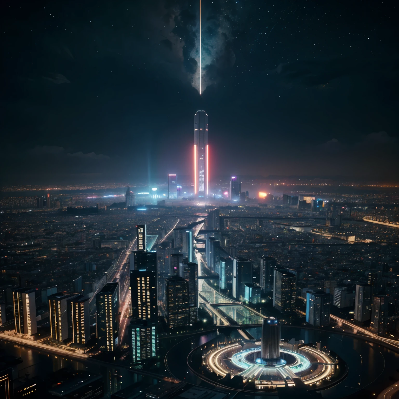 Ciudad futurista vista desde las alturas, de noche llena de colores neon, bajo la lluvia, full of scientific advances and technological development, Science fiction, Utopian city, espacial, calidad 8k, detallado, arte realista