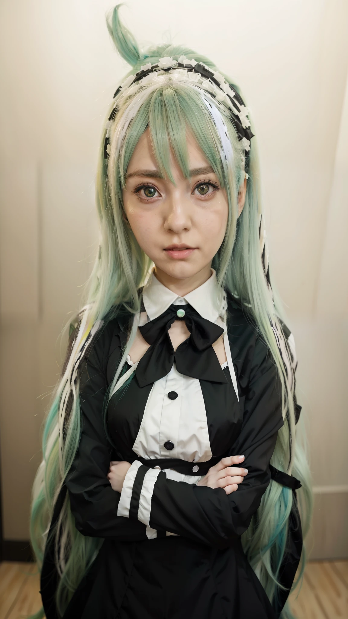 a close up of a person with long green hair and a black and white dress, today's featured anime still, anime best girl, in the anime film, as an anime character, anime moe artstyle, mikudayo, anime visual of a cute girl, official anime still, anime hi-fructose, anime girl named lucy, shuushuu anime image