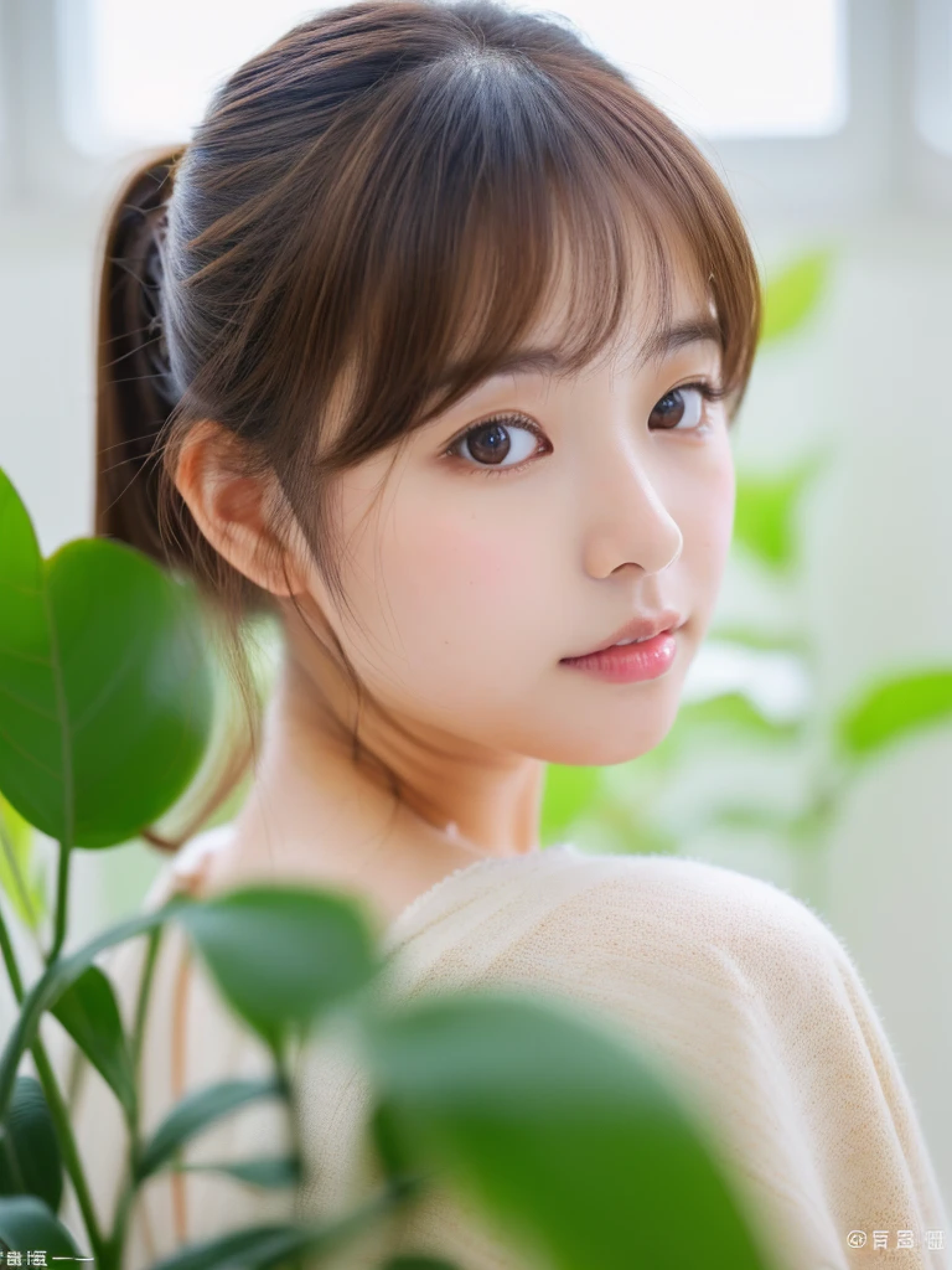 ((cute日本の女の子、beautiful japanese girl、1 girl、19 years old、Highly detailed face and skin texture、super detailed face、highly detailed eyes、Lee Hong、blush、ponytail、close-up of woman、front、cute、Highly detailed face and skin texture、smooth white skin、Transparent skin texture、))、(dark brown hair)、look at the camera、sharp focus:1.2、beautiful woman with perfect style:1.4、japanese model、young gravure idol、若いcuteグラビアアイドル、Realistic young gravure idol、sophisticated gravure idol、((highest quality、8K、masterpiece:1.3、1photograph))、(4K、RAWphotograph、highest quality)、Place someone on the other side of the screen、Natural light、((morning、noon、Bright interior、white room、Sense of cleanliness、bedルーム、bed、観葉plant、plant))、