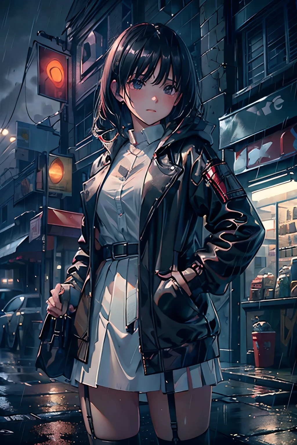 8k,masterpiece,best quality,Ultra-detailed,realistically,realistically,extremely detailed face,light,light,Ray tracing,unlit hair,
on a cloudy street,Corner store,foggy and heavy rain,A girl with black hair and black eyes stood in the middle of the road and cried..。She is wearing a black convertible jacket,white shirt,Short black skirt and black garter belt,Clothes soaked by rain,Black exposure,depth of field(frequency ),Lens illumination,