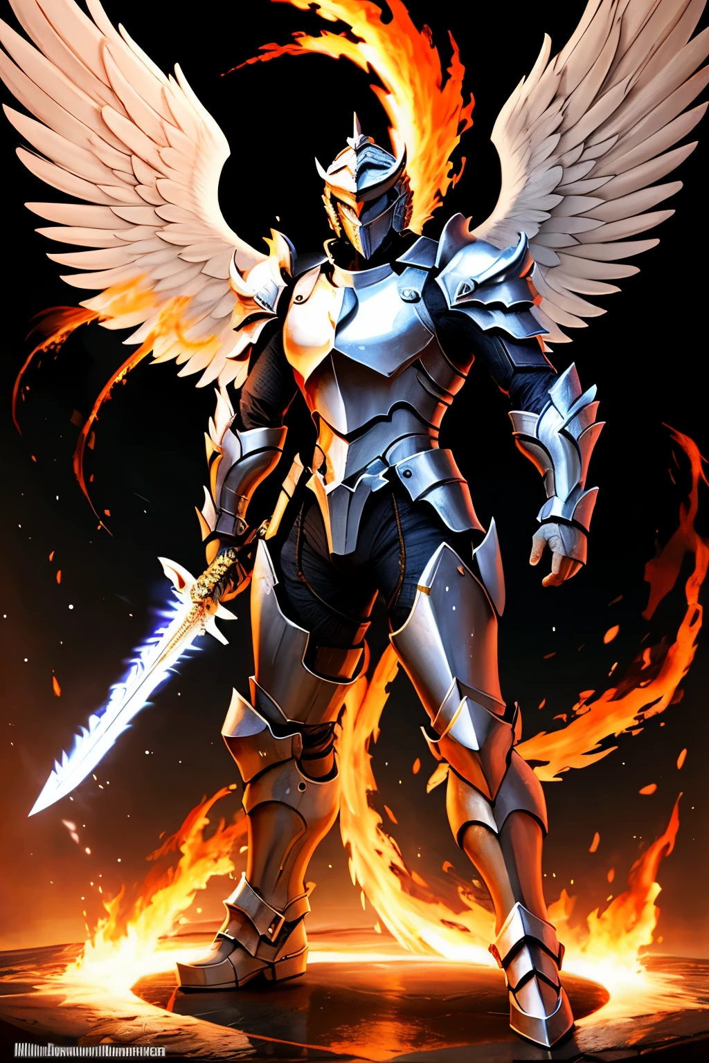 Full body heavily armored male angel with flaming sword Full body