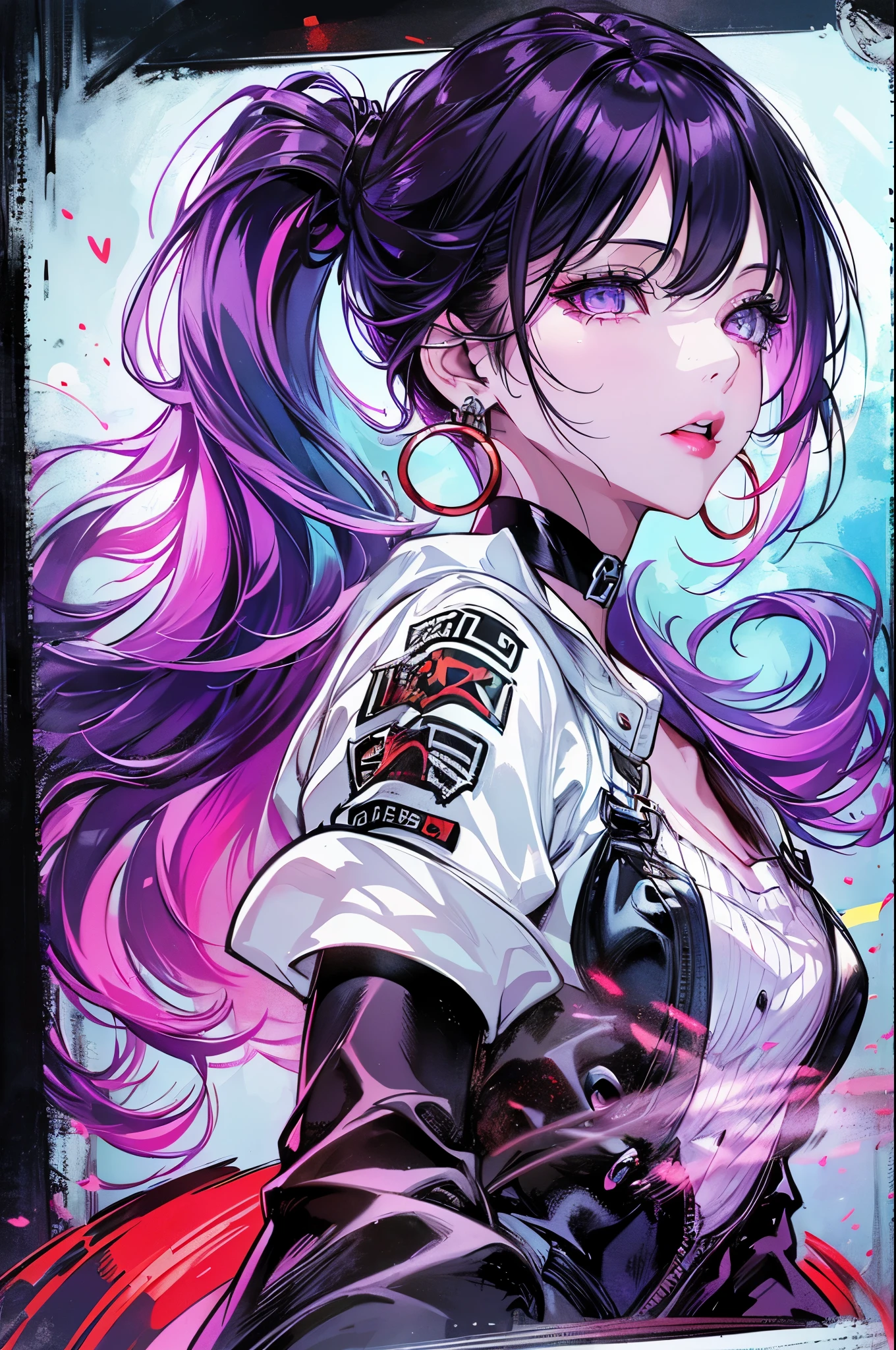 hair above one eye, red eyes, clear eyes, choker, Neon Shirt, torn legwear, open jacket, towards the wall, brick wall, graffiti, shineing grafiti, shineing tattoos, shine, neon light, Black light,anime style, movieポートレート写真, 1 female, 22 years ago, whole bodyエスビアン,Blue eyes background, big and full breasts, anger, (scarlet colored hair), long hair, purple eyes, wearing a short black dress, (natural skin texture vivid details, surreal, (realistic detailed eyes, natural skin texture, realistic facial details), soft and dramatic lighting, Depth of written boundary, Bokeh, vivid details, surreal, 35mm movie, hazy blur, movie,lipstick, ear piercing, eye shadow, hoop earrings, Red-pink lips, 多色のred eyes, purple theme,Wear an iridescent aura,beautiful eyes,stand in front of the red gate,bold pose、upward glance,upper ponytail,Hanging bangs、shoot from below、peeping、Face straight down、Angle seen from the feet,boots,(((Shooting from various angles)),Peeking in from above,whole body