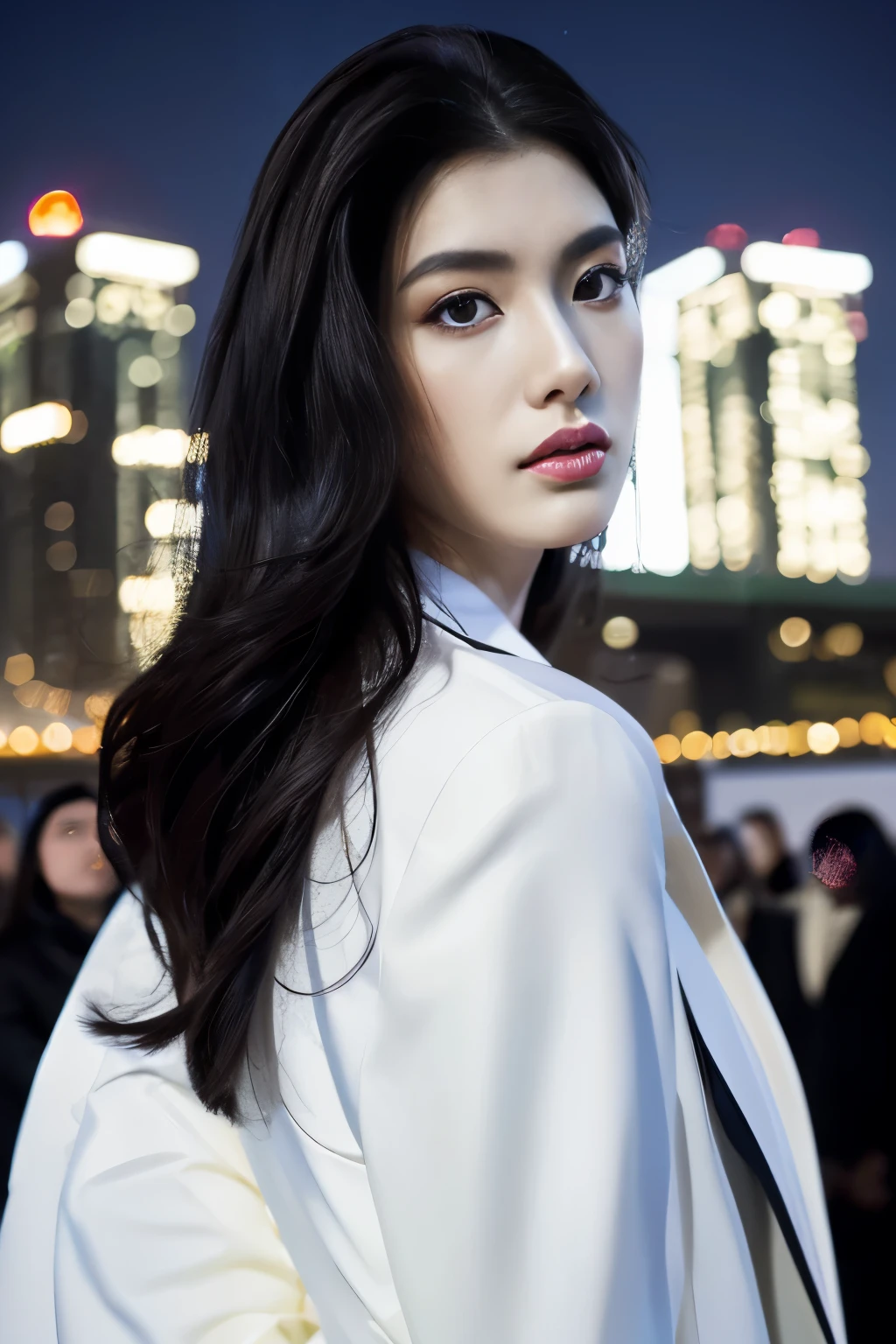 masterpiece, highest quality, (solo focus), (perfect face:1.1), (high detail:1.1),dramatic, 1guy, (pale skin), long white hair, white eyes, [light eyebrows], solo, long hair, moon, night, white luxury suit, covered navel, pouty lips, covered, futuristic city, detailed background, art by artgerm and greg rutkowski, cinematic lighting, roses, fashion, BalenciagaStyle