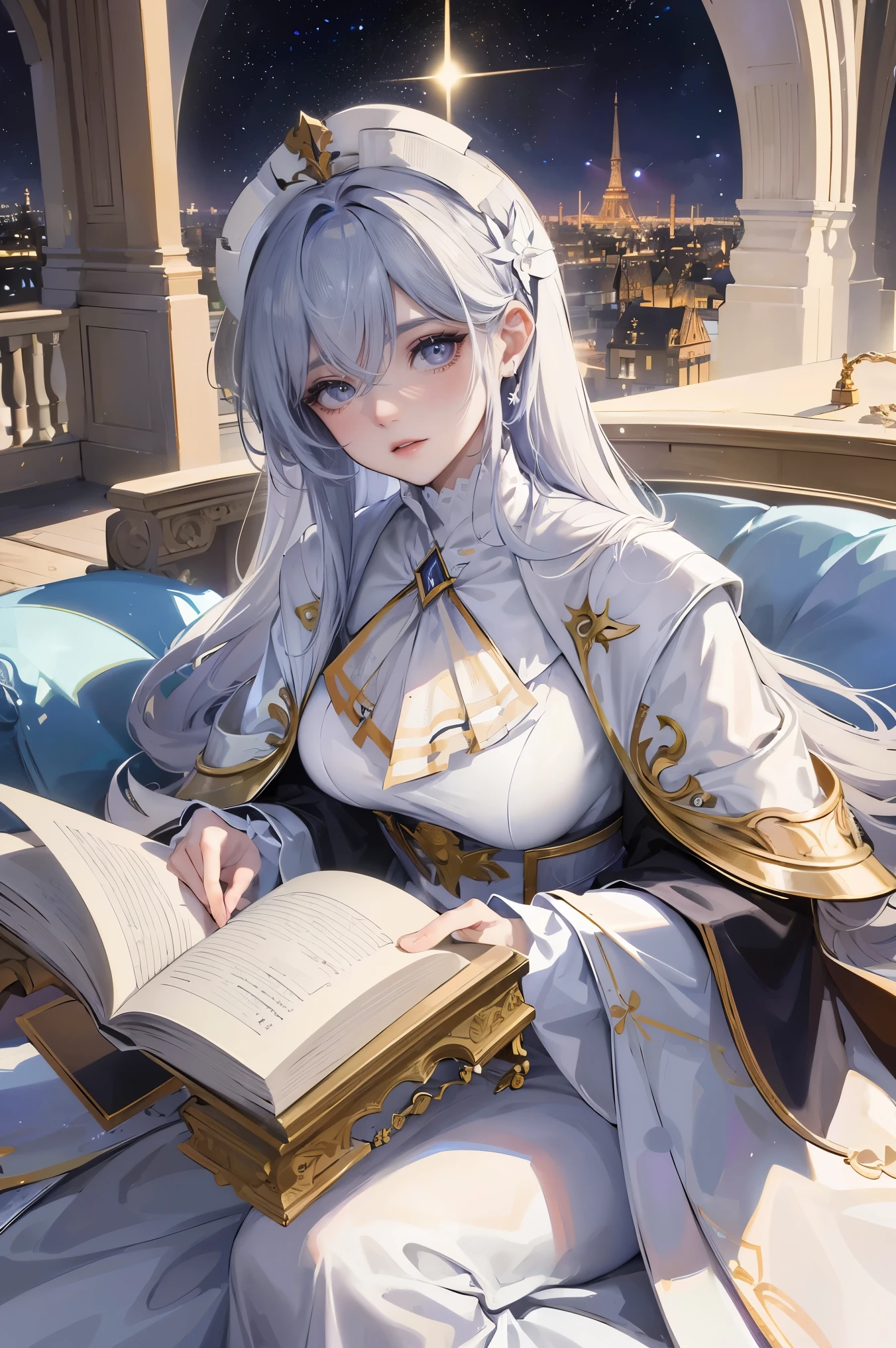 ((highest quality)),(ultra high resolution),(Super detailed),(detailed description),((best CG)),(best work of art),super precision art,amazing drawing art,(Art with precise details:1.5), (adult women:1.7),(beautiful and well-shaped face:1.5), I am reading a book while sitting on a chair decorated with beautiful flower reliefs in a greenhouse filled with houseplants.。