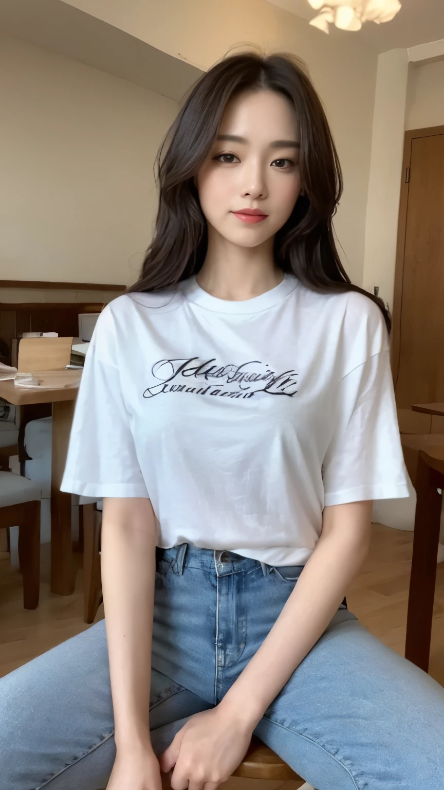((top-quality、8k、masterpiece:1.3))、Beautiful woman with perfect body:1.4、slim abdomen:1.2、Longhair, normal breast, Highly detailed facial and skin texture, A detailed eye, delicate eyes, double eyelid, (smile), (full body shot), ((restaurant)), (sitting on chair), (((wearing t-shirt with long pants))), looking in front