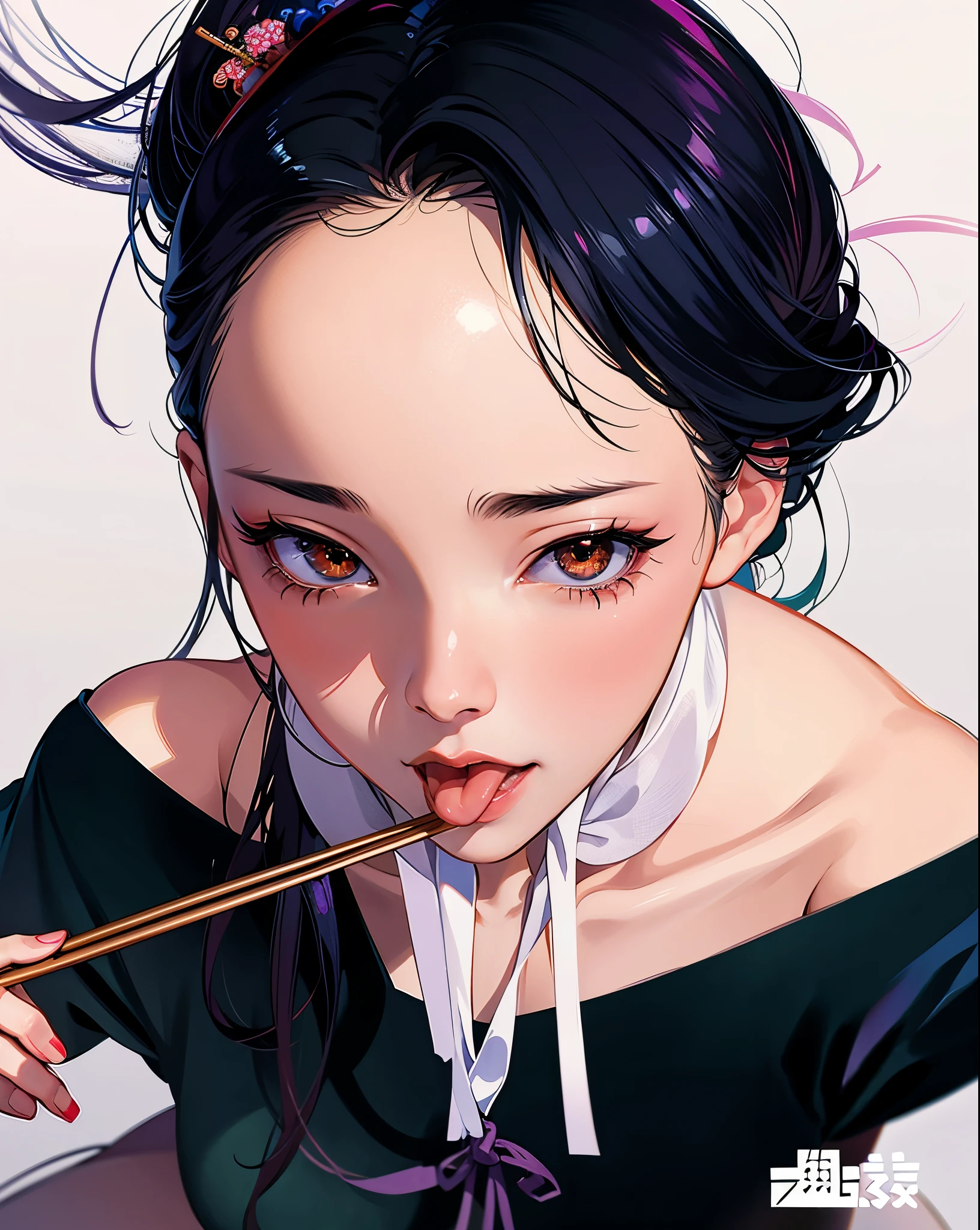 There&#39;woman with chopstick, protruding from the mouth, inspired by Yanjun Cheng, inspired by Ren Hang, portrait of a japanese teen, taejune kim, based on Yanagawa Nobusada, Eating noodles, In the style of Ren Hang, Yanjun Chengt, inspired by Otake Chikuha, Minchen Shen, Nanae Kawahara,Asian girl eating