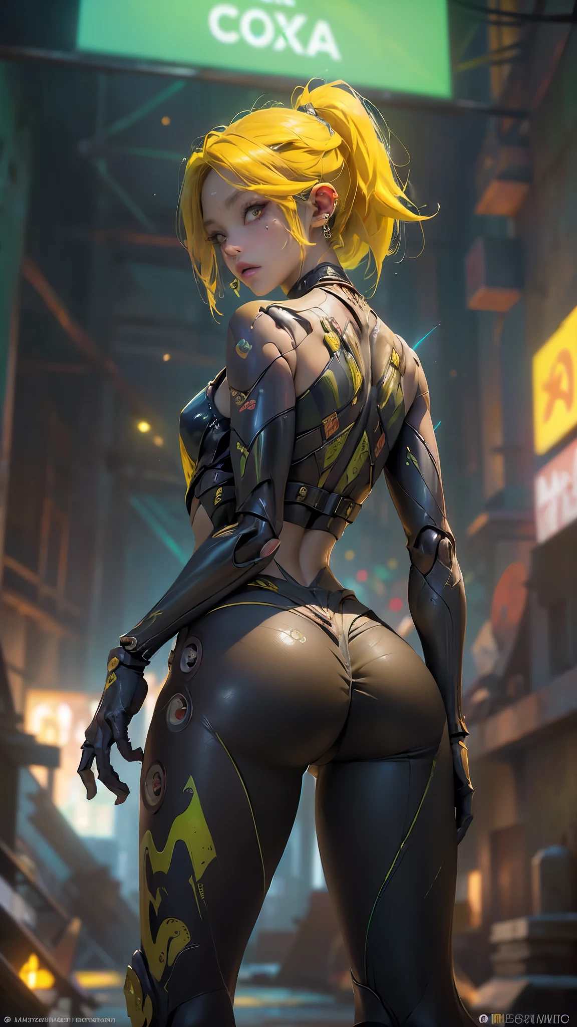 (rear view, backside view)、(La mejor calidad,A high resolution,Ultra - detallado,actual),Ariana Grande , retrato, (Superchica zombi de DC:1.4 ) , (biomech yellow :1.4 ) , robot complejo, crecimiento completo, Hyper realistic, crazy little details, extremely clean lines, (ciberpunk aesthetic) , (obra maestra presentada en Zbrush Central) , brutalist gothic cathedral, ciberpunk, foto premiada, bokeh, neon lights, cyber member, (pose vaquero) ,More detailed 8K.motor irreal:1.4,UHD,La mejor calidad:1.4, fotorrealista:1.4, textura de la piel:1.4, obra maestra:1.8,obra-prima, mejor calidad,objeto Objeto], (detailed face features:1.3), (chemical laboratory ruins background:1.4 ), (ciberpunk 2.1), (convexo dedos detallados), (Perfect anatomy), (hermosos ojos azules),( lingerie yellow) 