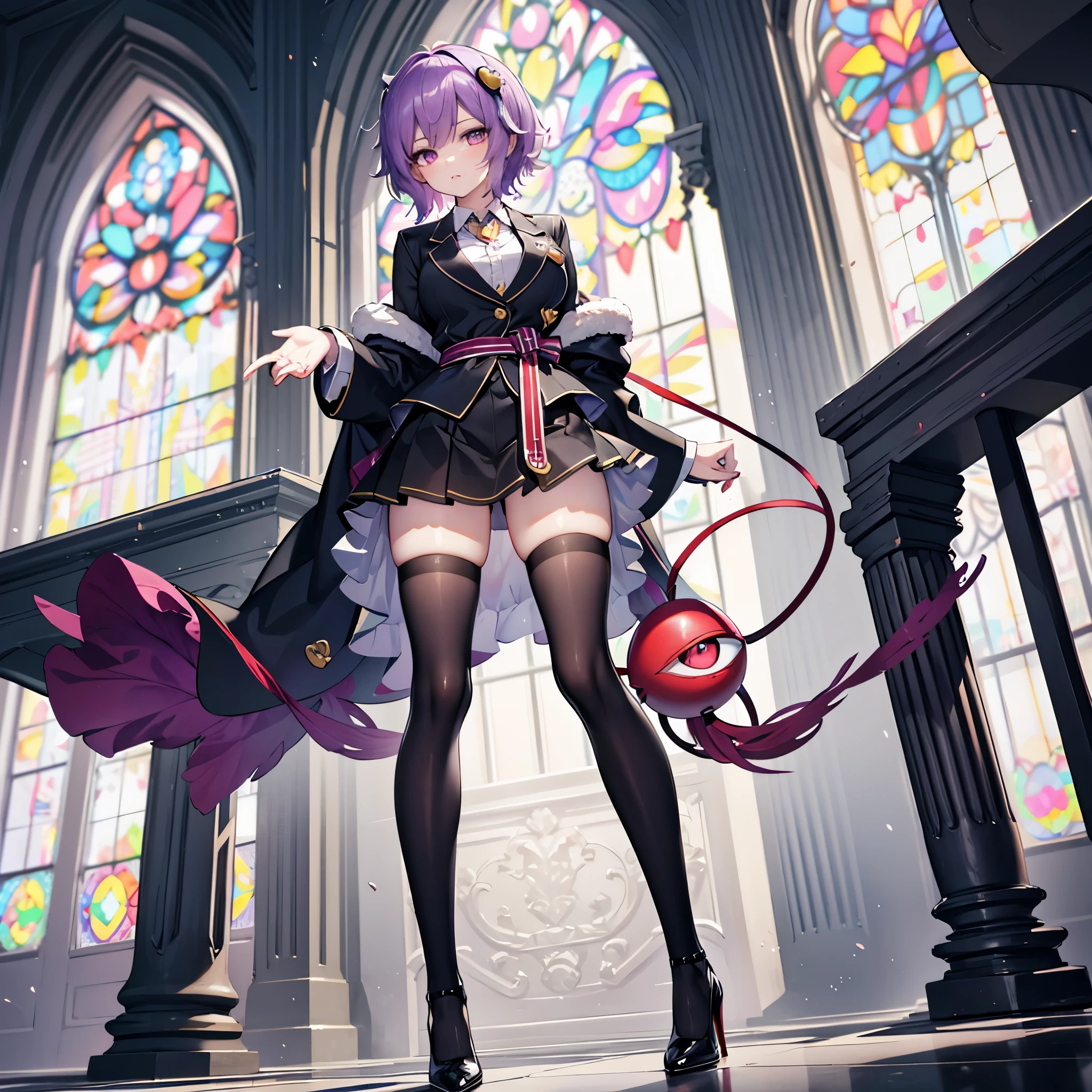 Satori toho character, (solo), standing, stained glass, BREAK, short hair, huge breasts, (inconceivably thin waist), very long legs, BREAK, (black blazer), (black thighhighs), black miniskirt, highheels, purple hart