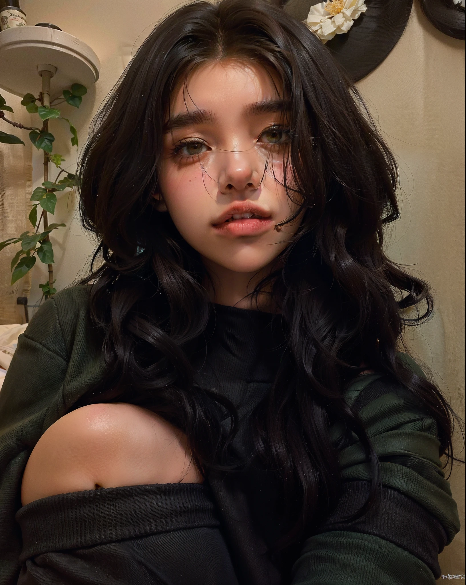 Hay una mujer con el pelo largo sentada en una cama, Ella tiene el pelo negro, Foto de baja calidad, Kailee Mandel, charli bowater, pelo negro y ojos grandes, low quality photography, cabello negro con capucha, pelo negro desordenado, Imagen de muy baja calidad, con pelo negro, Parece una mezcla de Grimes, Pelo verde y negro
