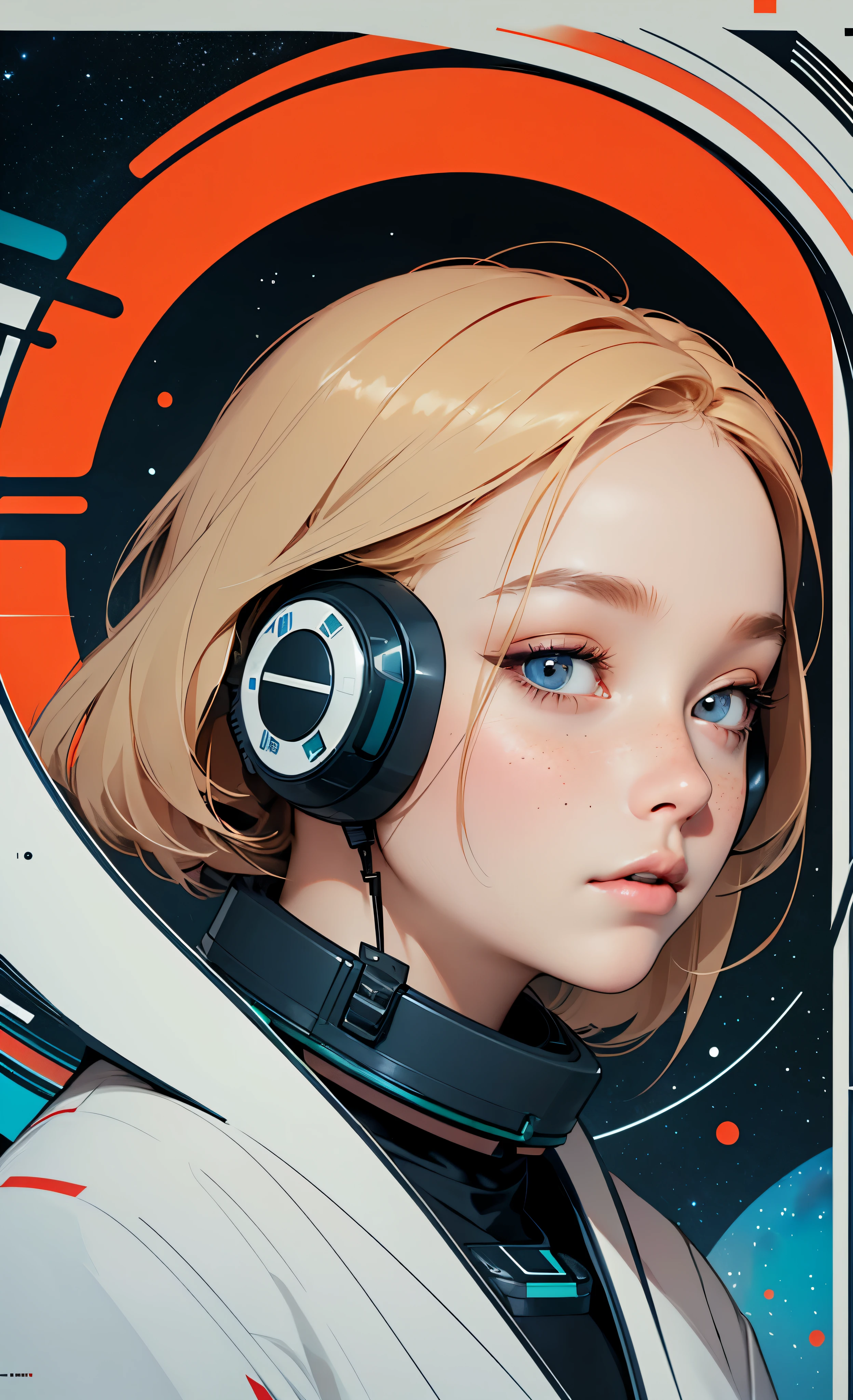 masterpiece, best quality, 1girl, space thriller movie poster, Bauhaus, shapes, lines, abstract, blonde hair, japanese girl
